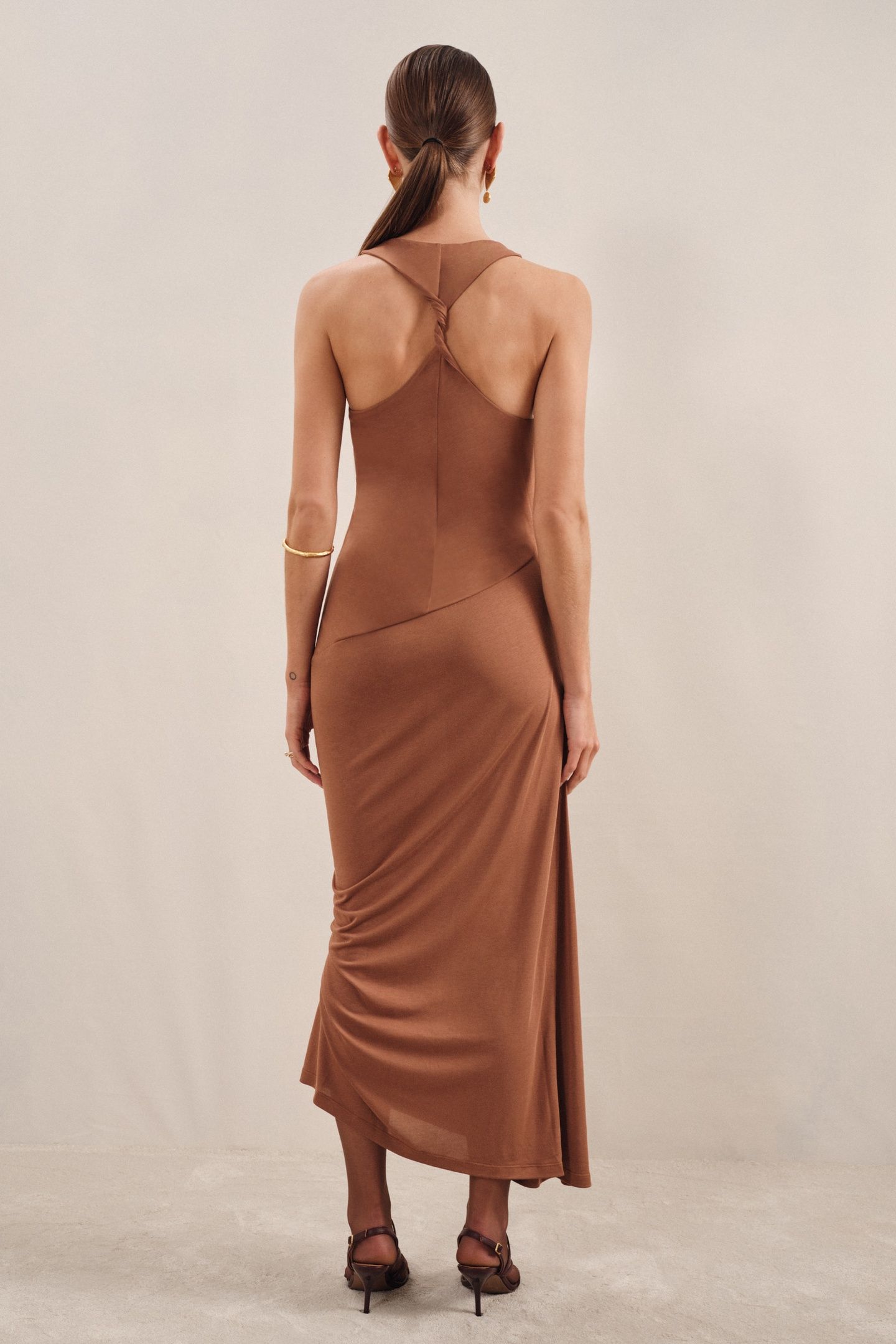 SIDE RUCHED JERSEY MIDI DRESS BROWN 3