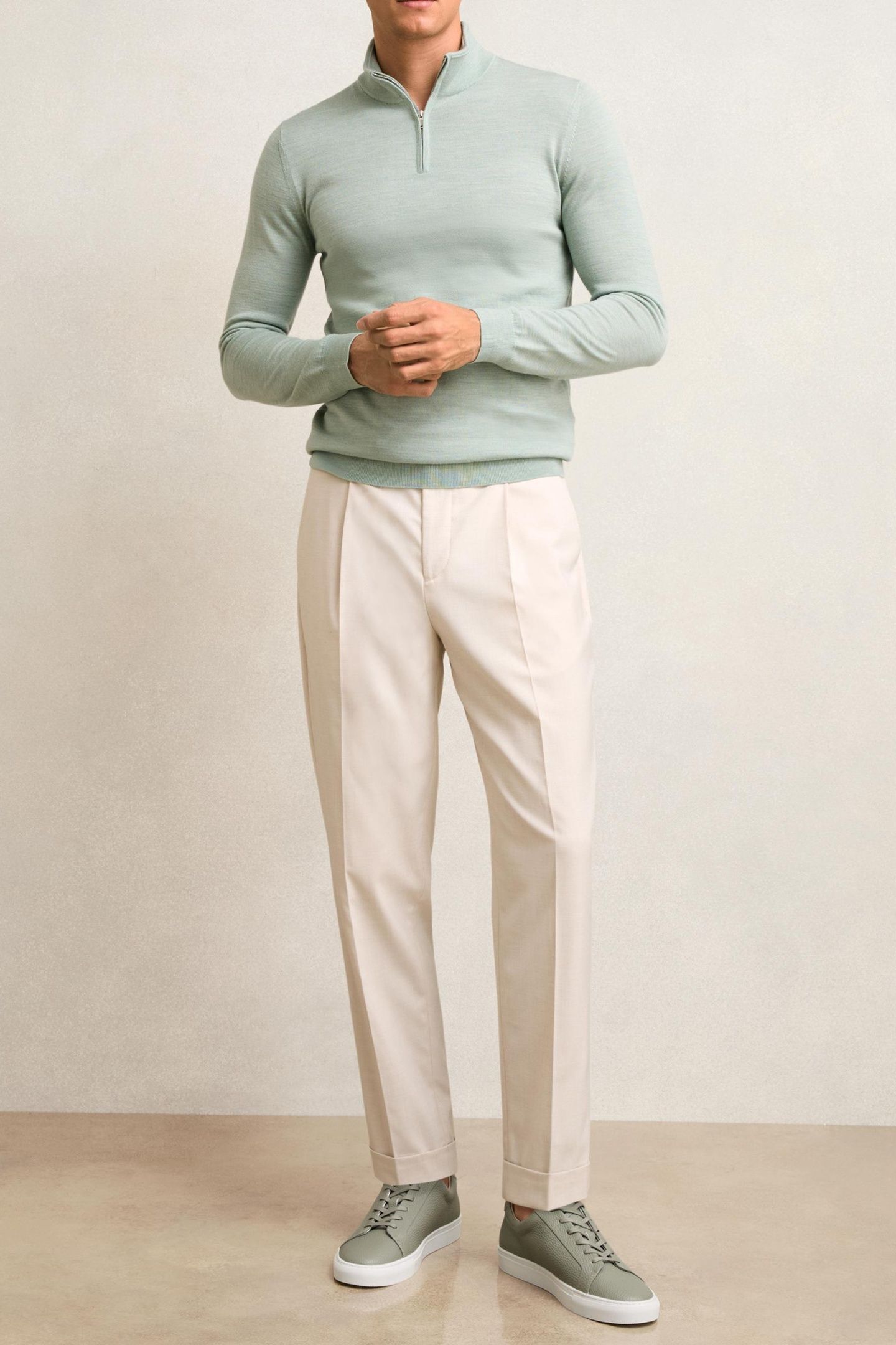 LS HALF ZIP FUNNEL MERINO WOOL JUMPER SAGE GREEN MELANGE 1