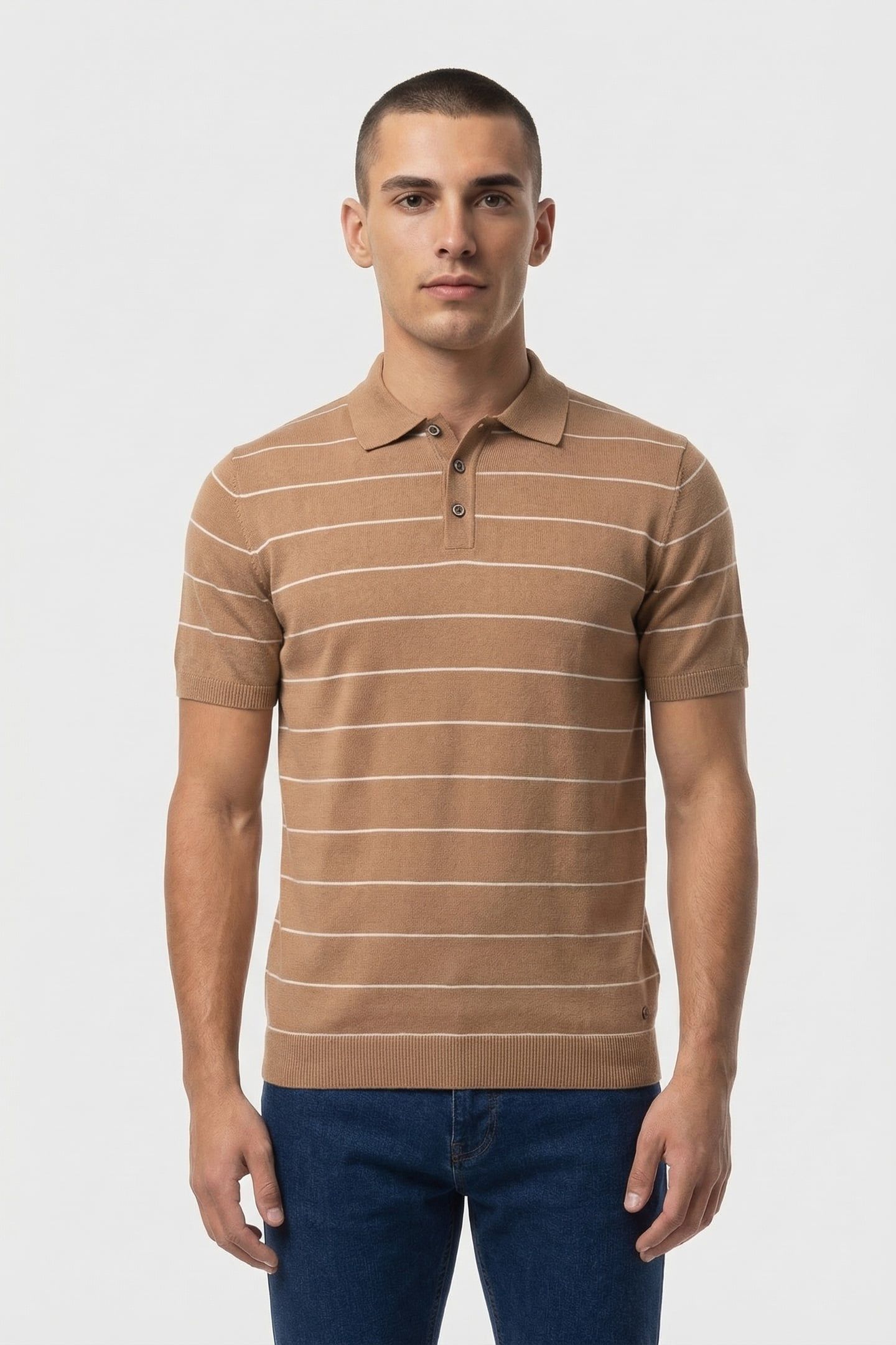 PULLOVER SHORT SLEEVE POLO BUTTON STRIPES KHAKI 1