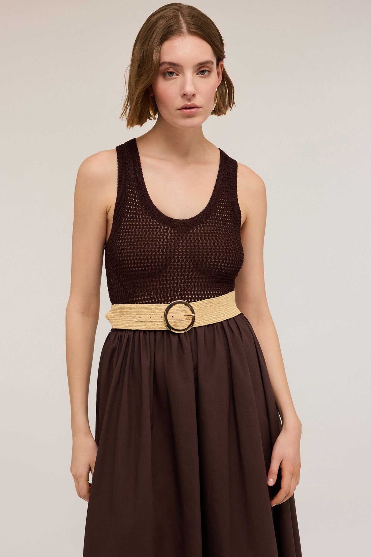 OPENWORK KNIT DRESS WITH BODICE BROWN 4