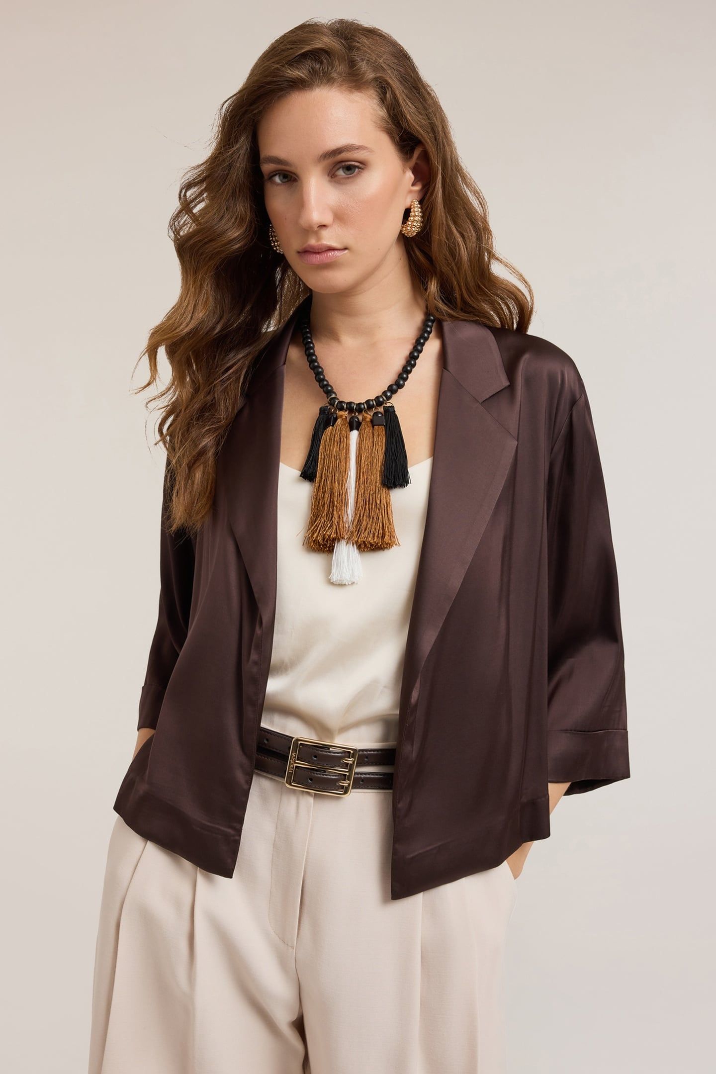 STRETCH SATIN DECONSTRUCTED JACKET BROWN 1