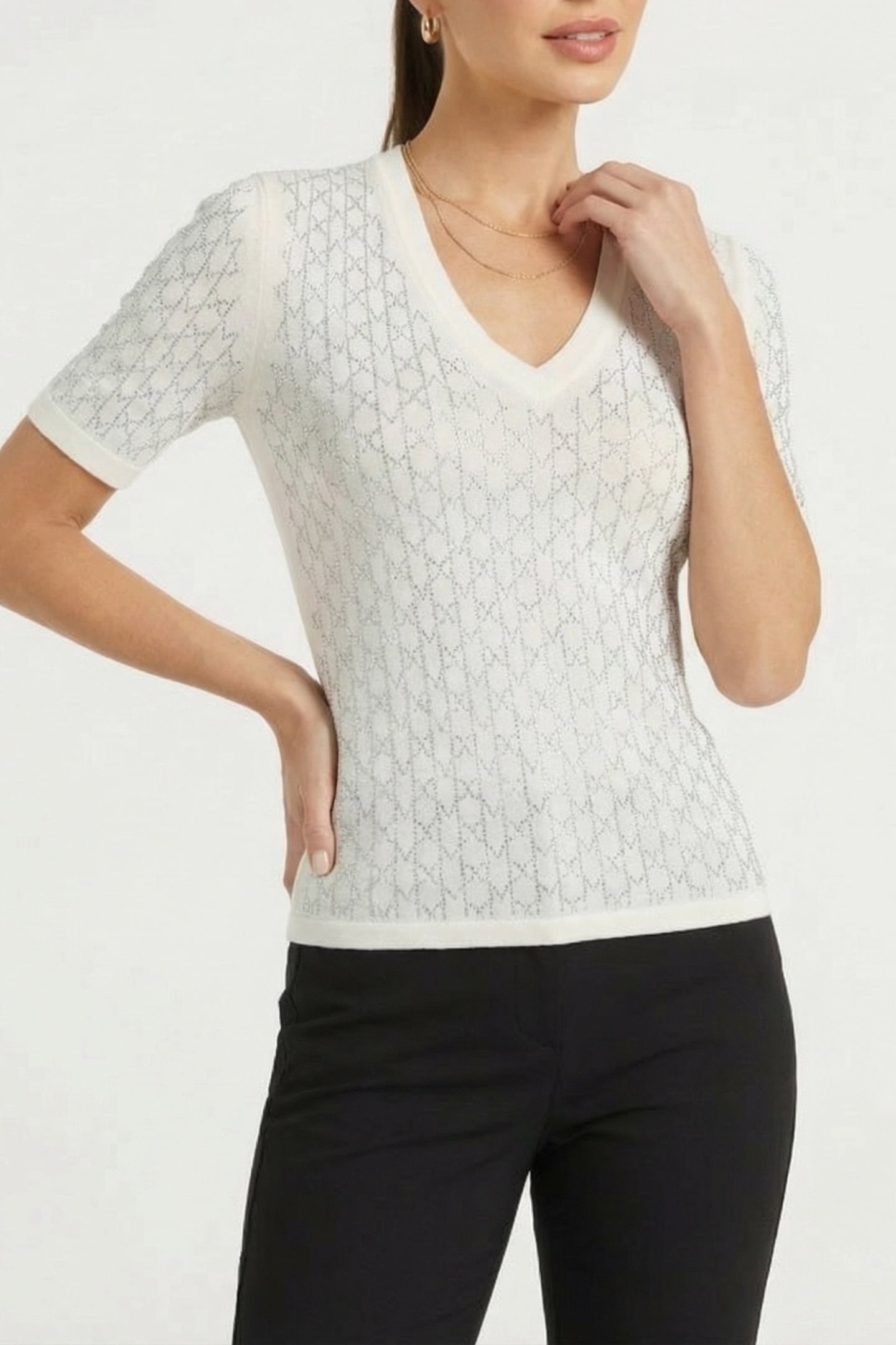 MARCIANO BY GUESS ARIA 3/4 SLEEVE V NECK TOP MACADAMIA 1