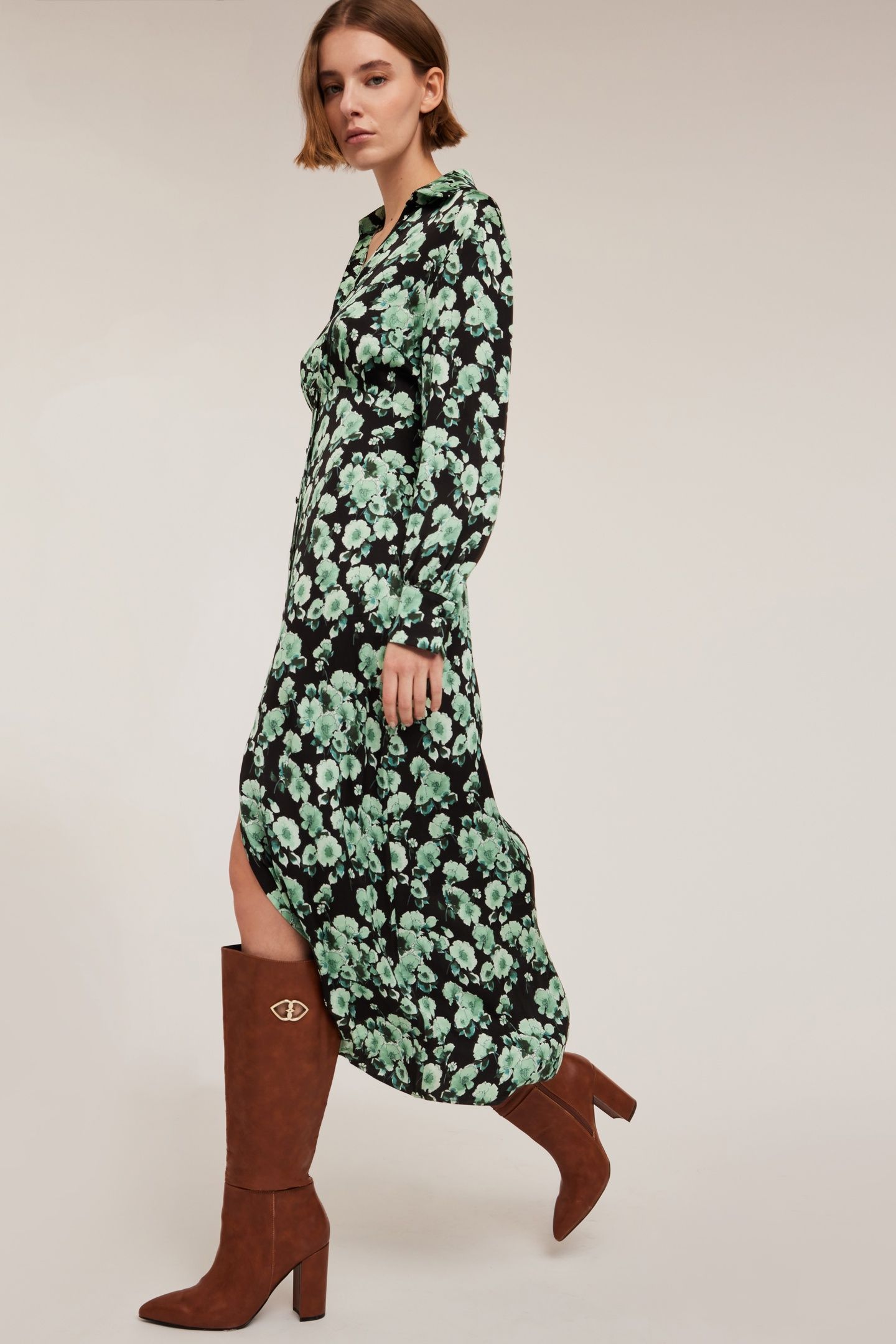 FLORAL PATTERNED SATIN CHEMISIER DRESS GREEN 3