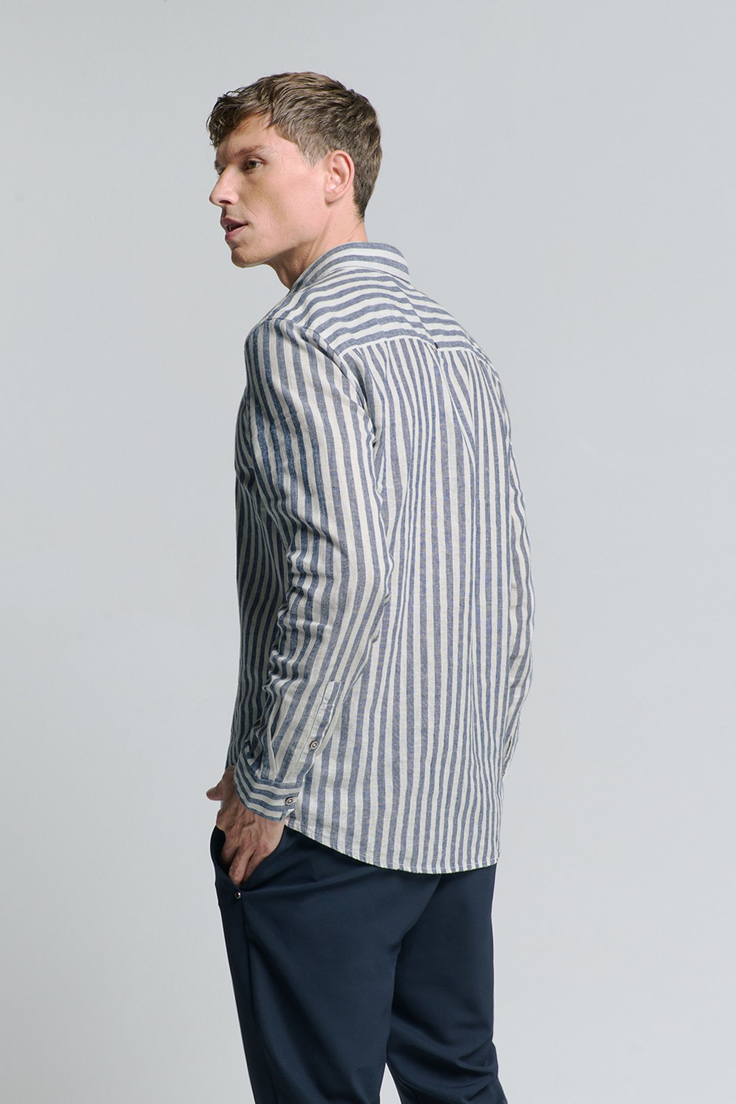 SHIRT VERICAL BIG STRIPES WITH LINEN INDIGO BLUE 4