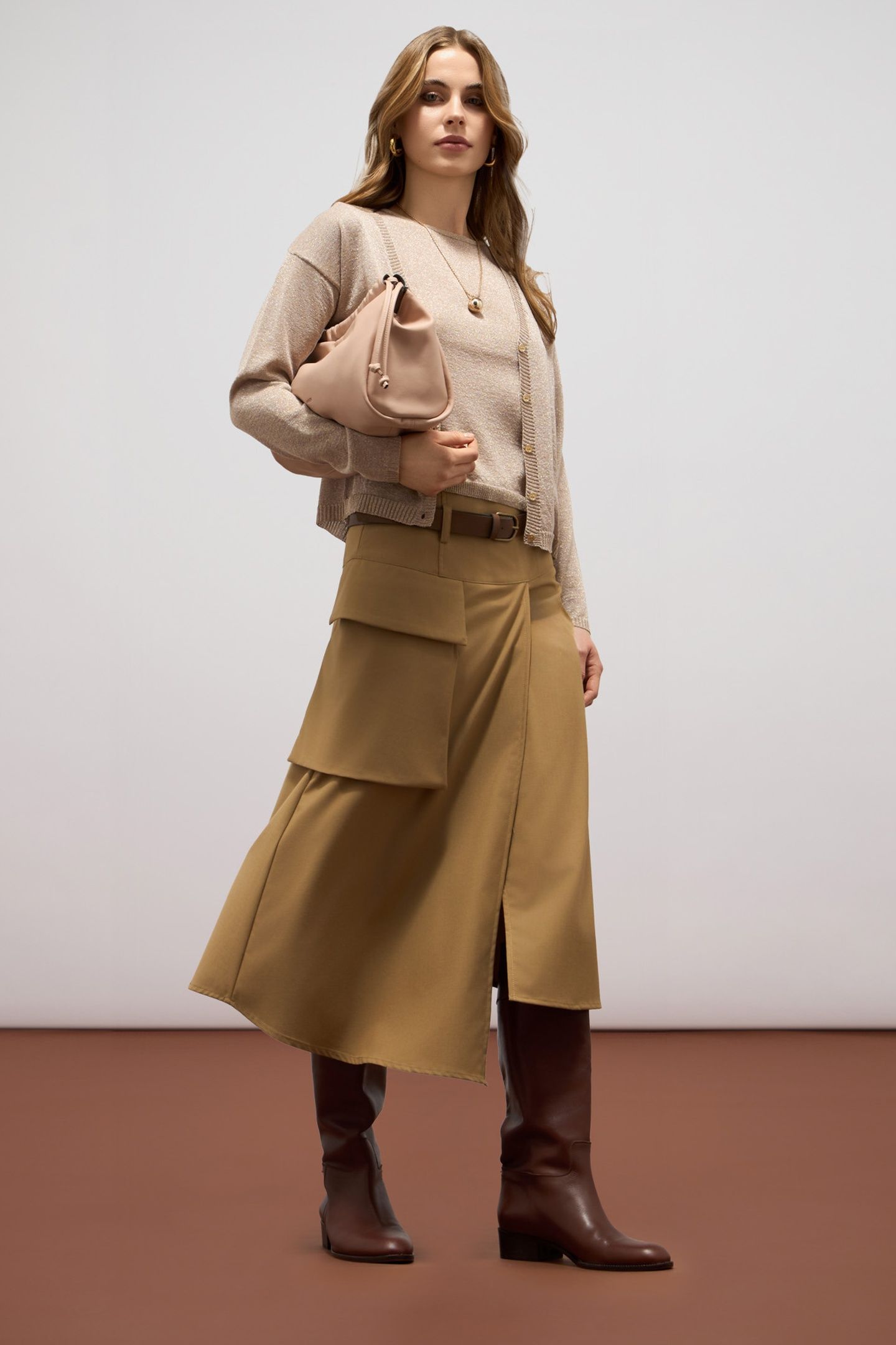 FLUID MIDI A-LINE SKIRT WITH PANEL BROWN 1