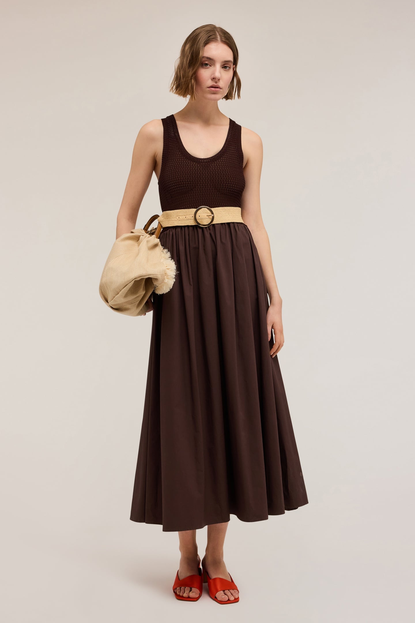 OPENWORK KNIT DRESS WITH BODICE BROWN 1