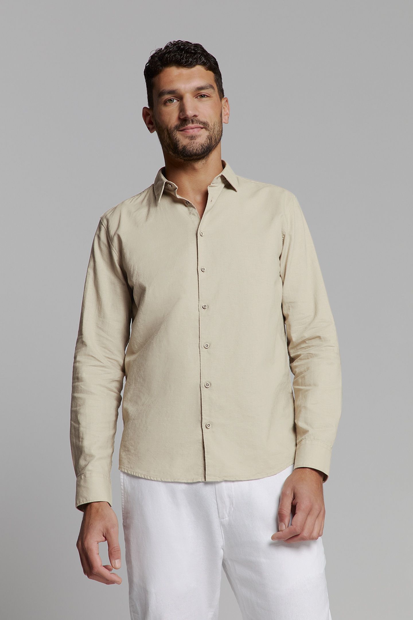 SHIRT SOLID WITH LINEN LIGHT DESERT 1