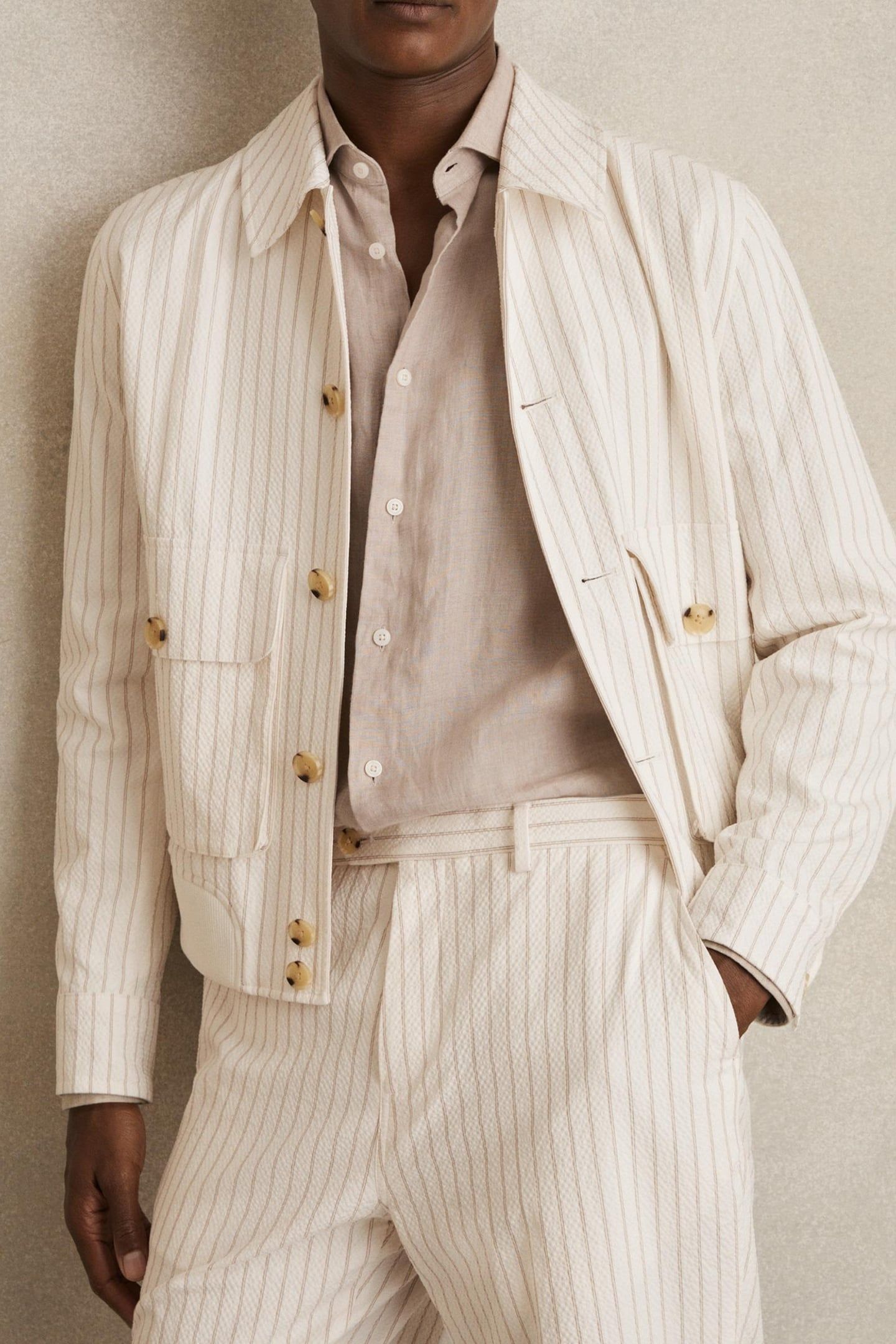 LS STRIPE SEERSUCKER HARRINGTON OFF WHITE/TAUPE BROWN 1