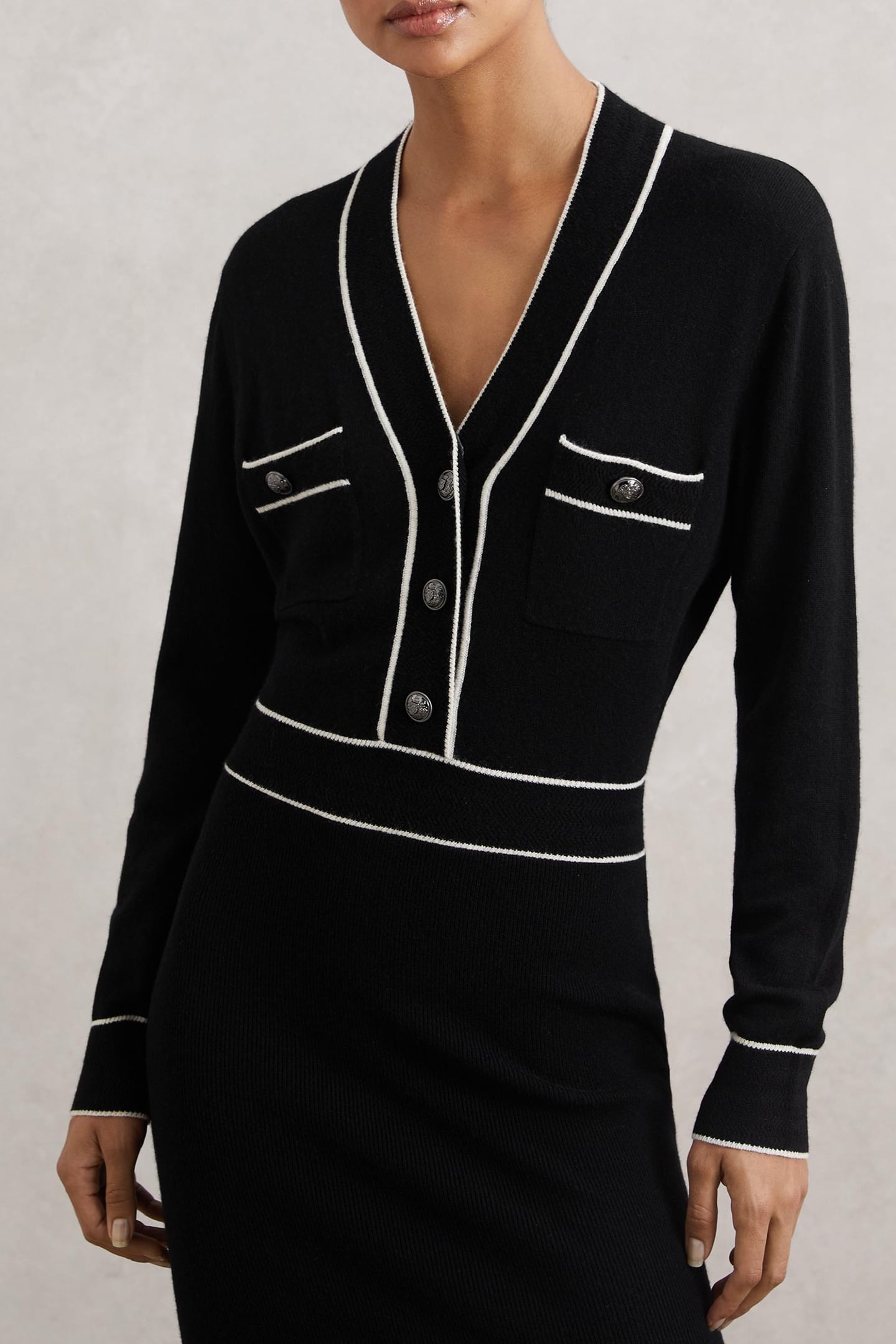 BUTTON FRONT KNITTED MIDI DRESS BLACK/IVORY 1