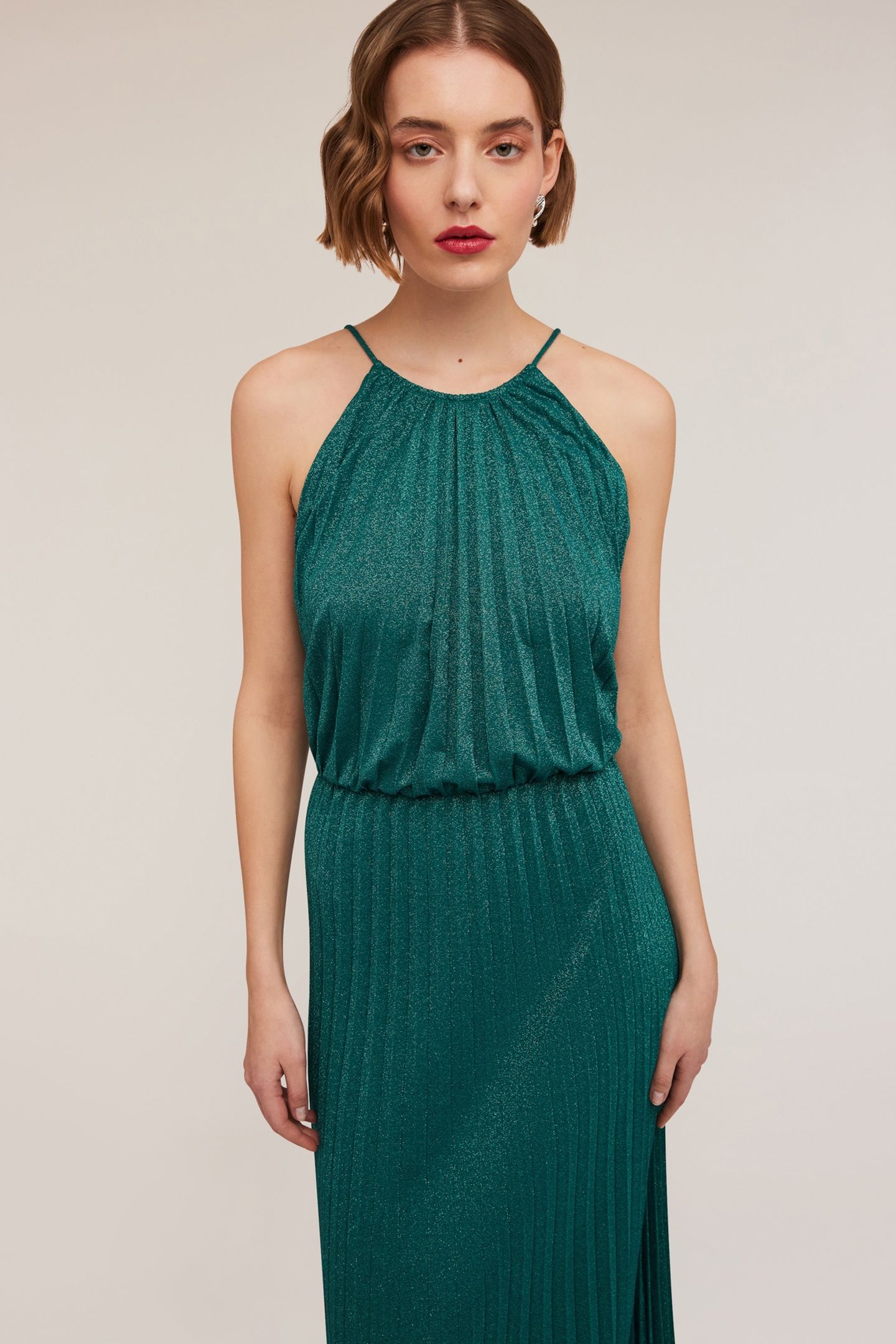 LONG PLEATED LUREX JERSEY DRESS GREEN 3