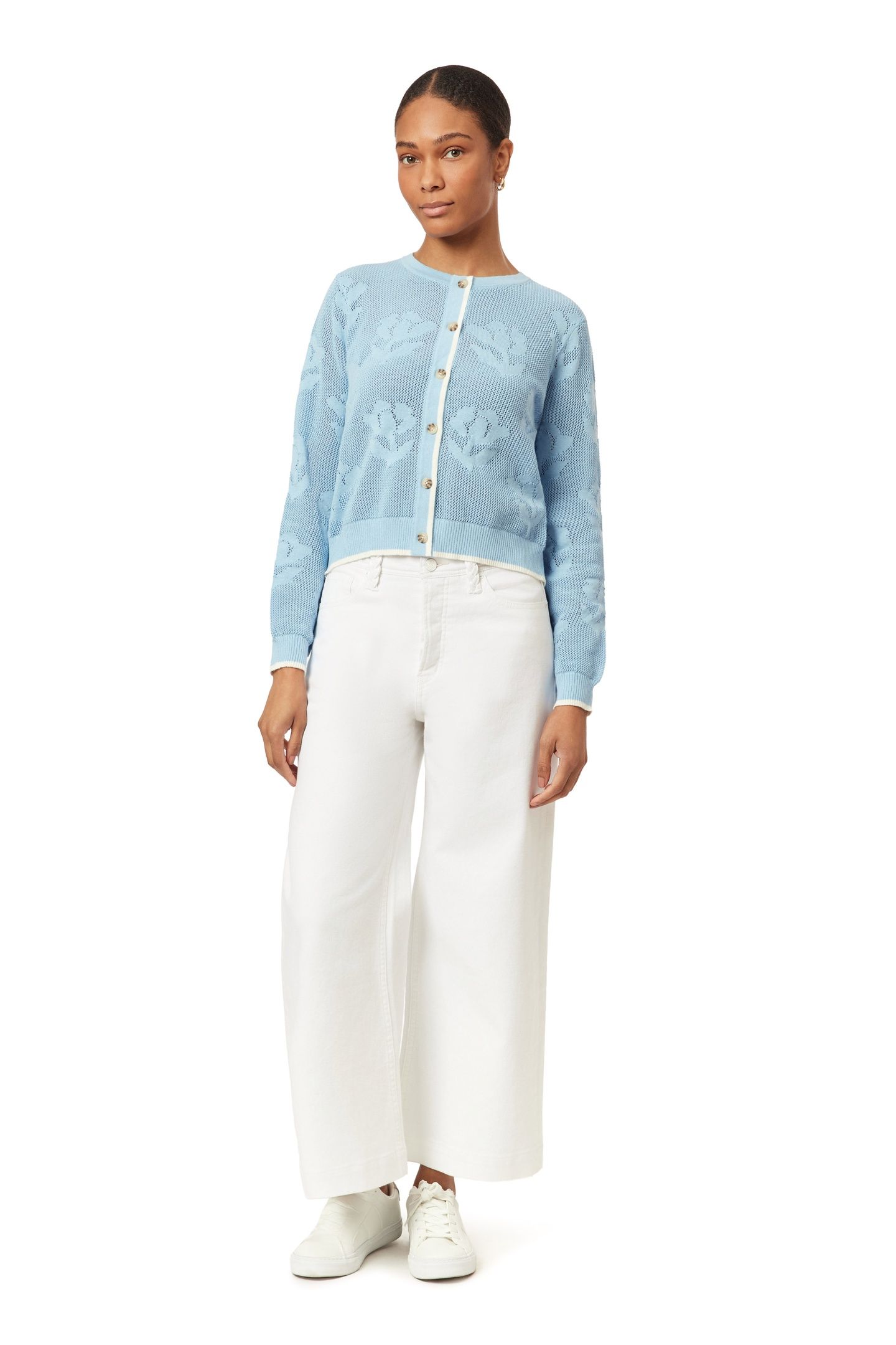 CREW NECK CARDIGAN CERULEAN OPEN KNIT FLORAL 2