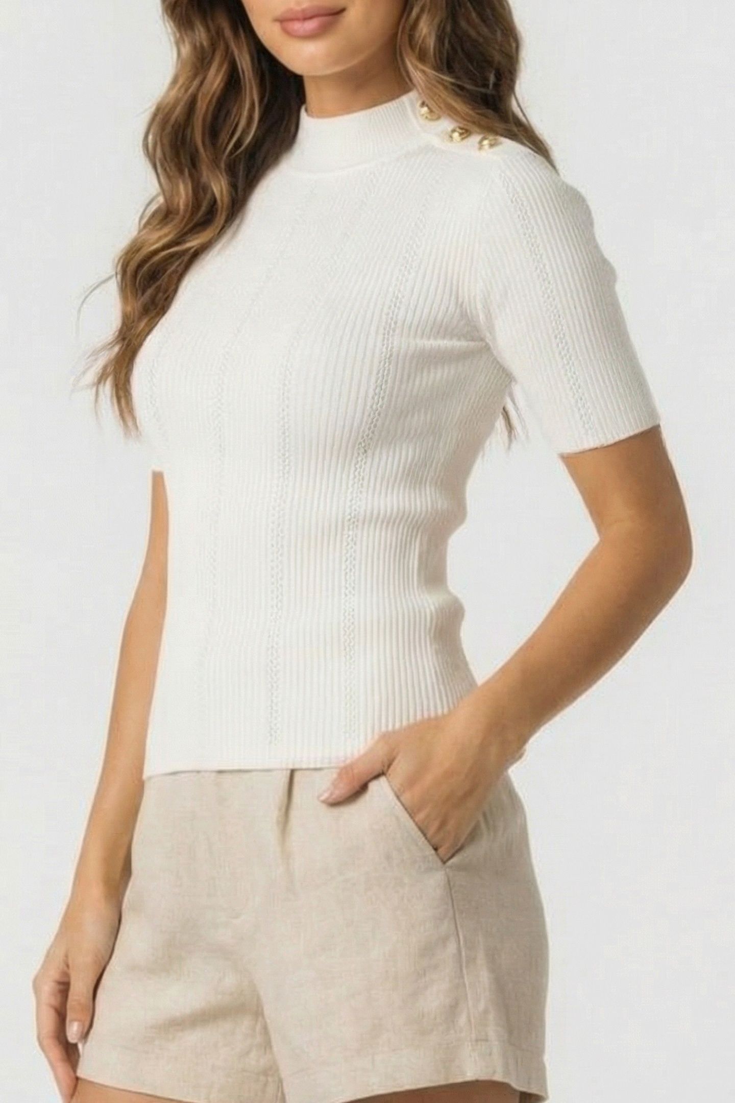 MARCIANO BY GUESS GRACE MOCK NECK SS SWEATER MACADAMIA 1