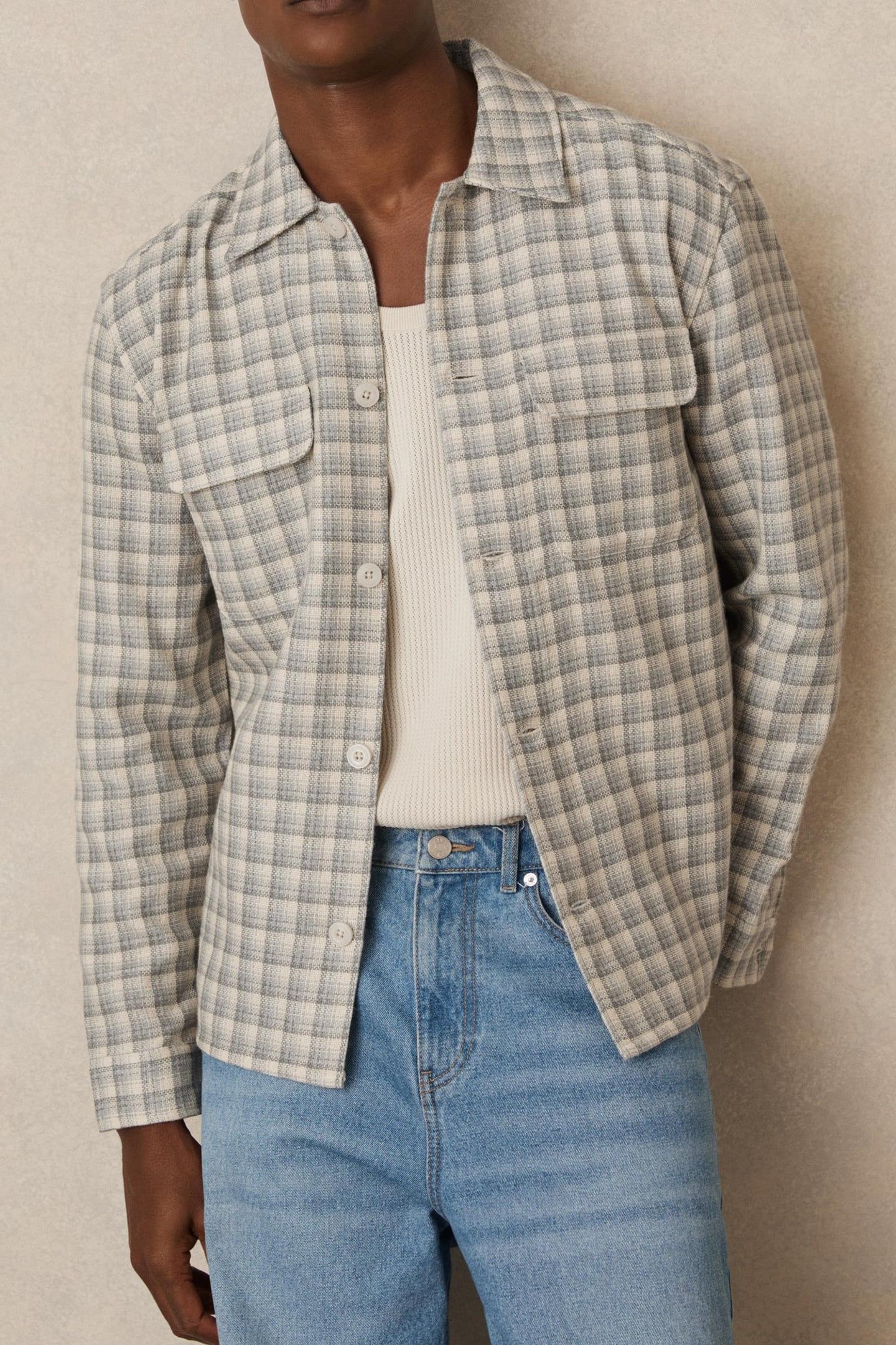 LS TEXTURED CHECK TWIN POCKET OVERSHIRT LIGHT GREY 1