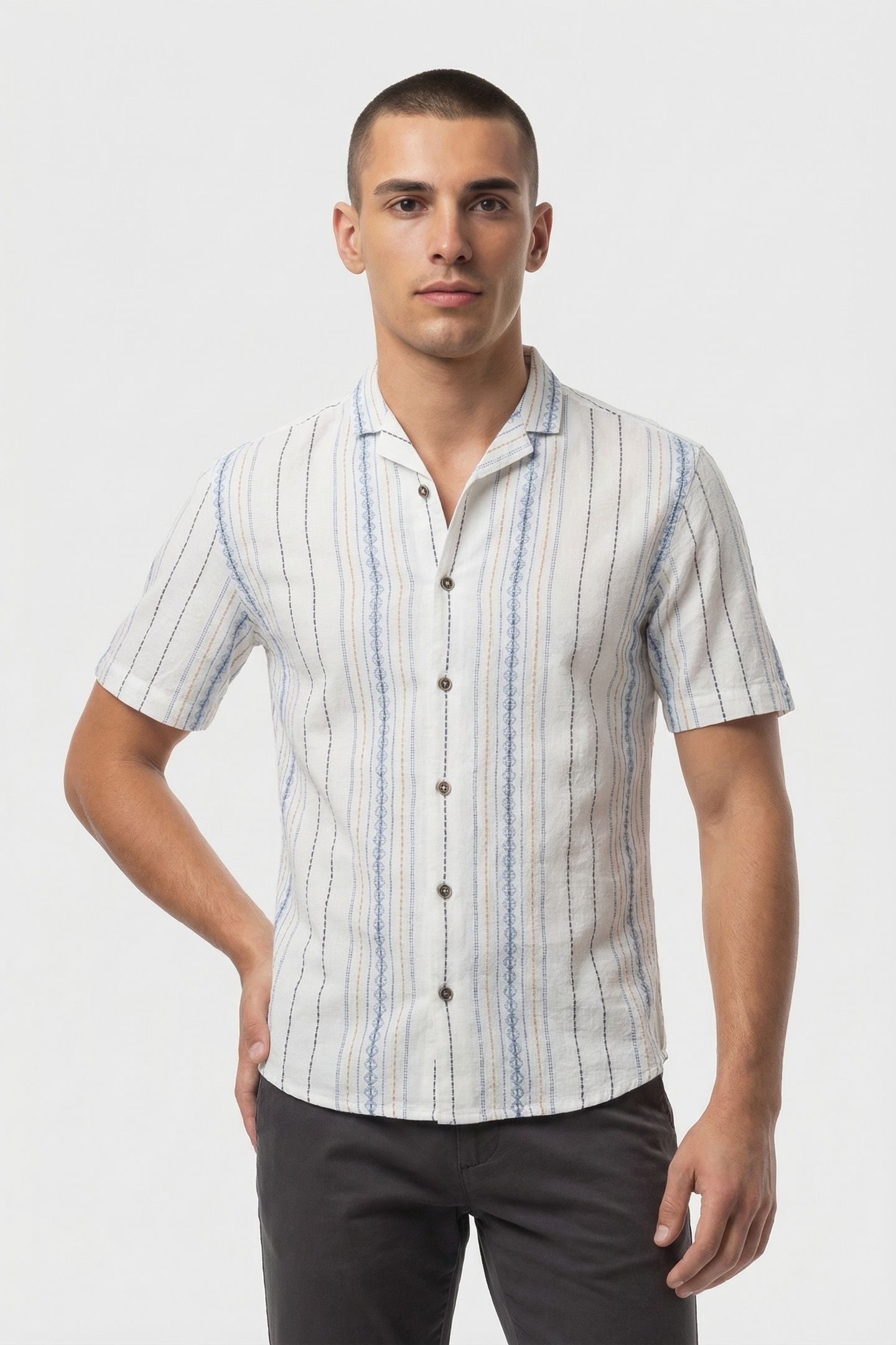 SHIRT SHORT SLEEVE REVERS COLLAR DOBBY VERTICAL EMBROIDERED 2