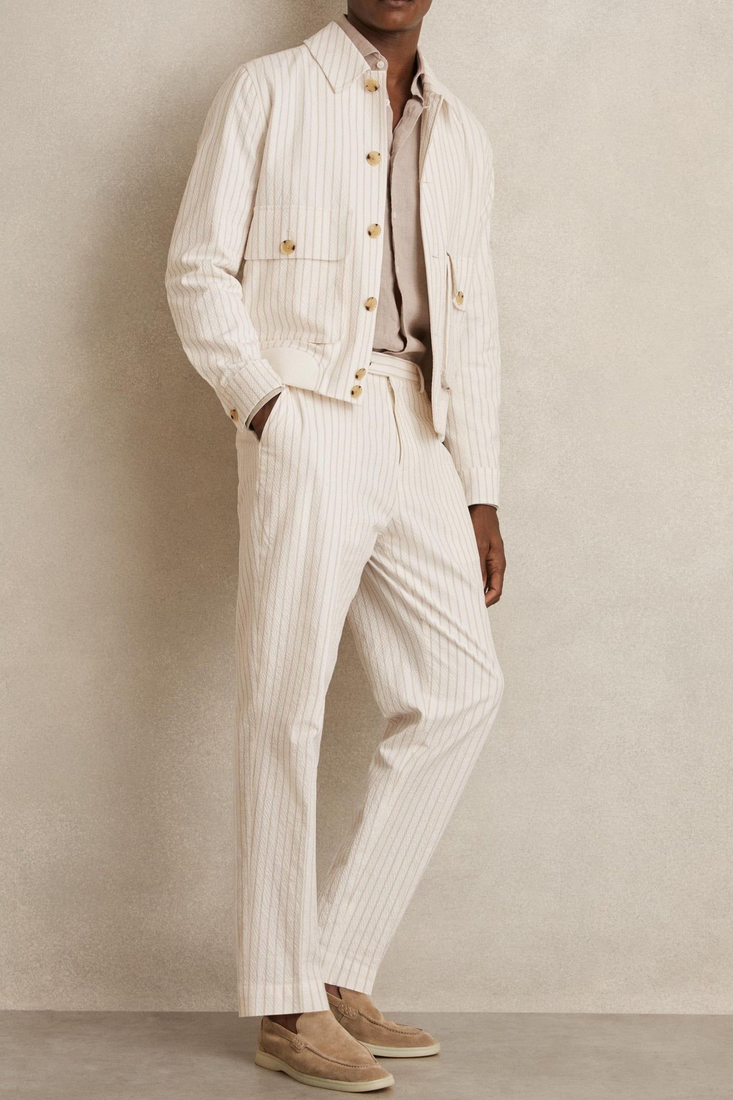 LS STRIPE SEERSUCKER HARRINGTON OFF WHITE/TAUPE BROWN 5