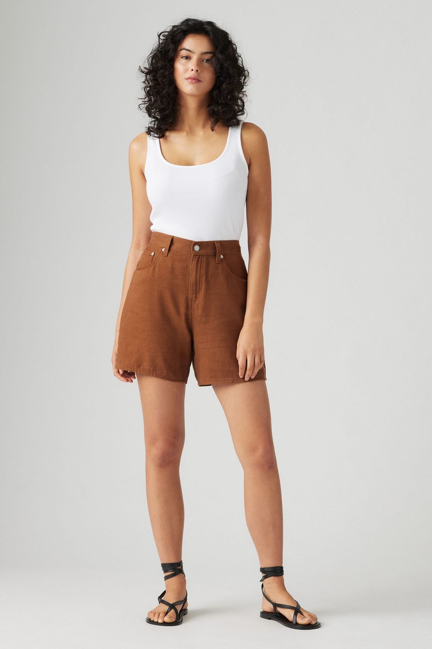 HIGH RISE BAGGY COTTON LINEN SHORTS BROWN 1