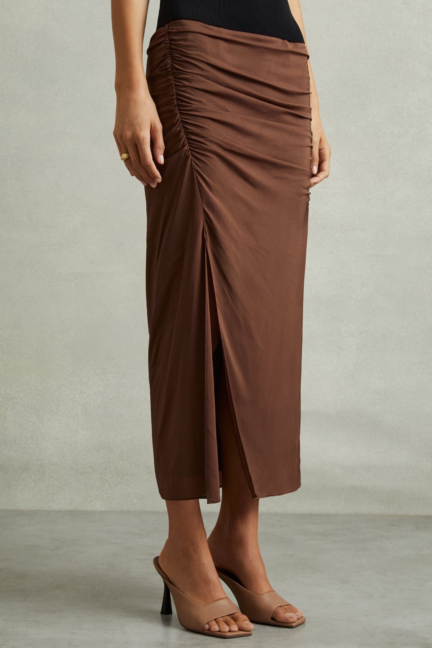 RUCHED MIDI SKIRT CHOCOLATE 1