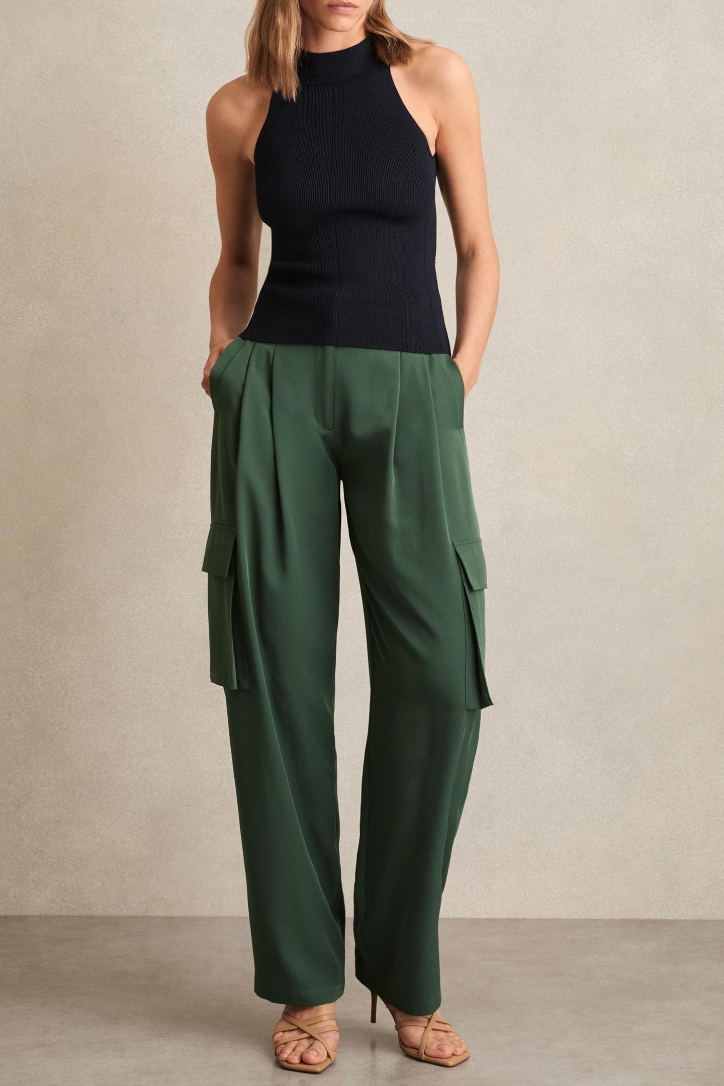WIDE LEG PLEATED CARGO TROUSER GREEN 1