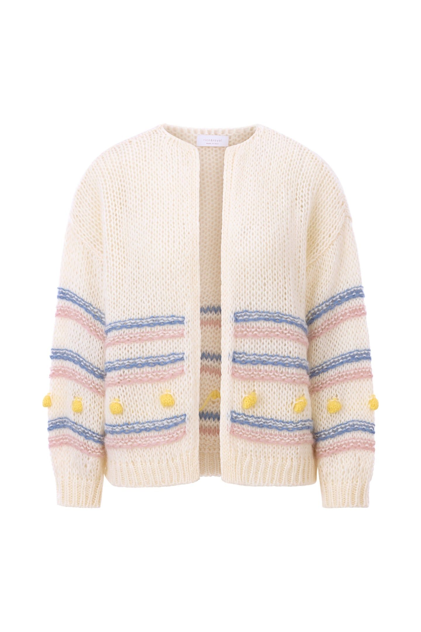 MULTICOLOURED STRIPE CARDIGAN WITH POMPOMS PEARL WHITE 1