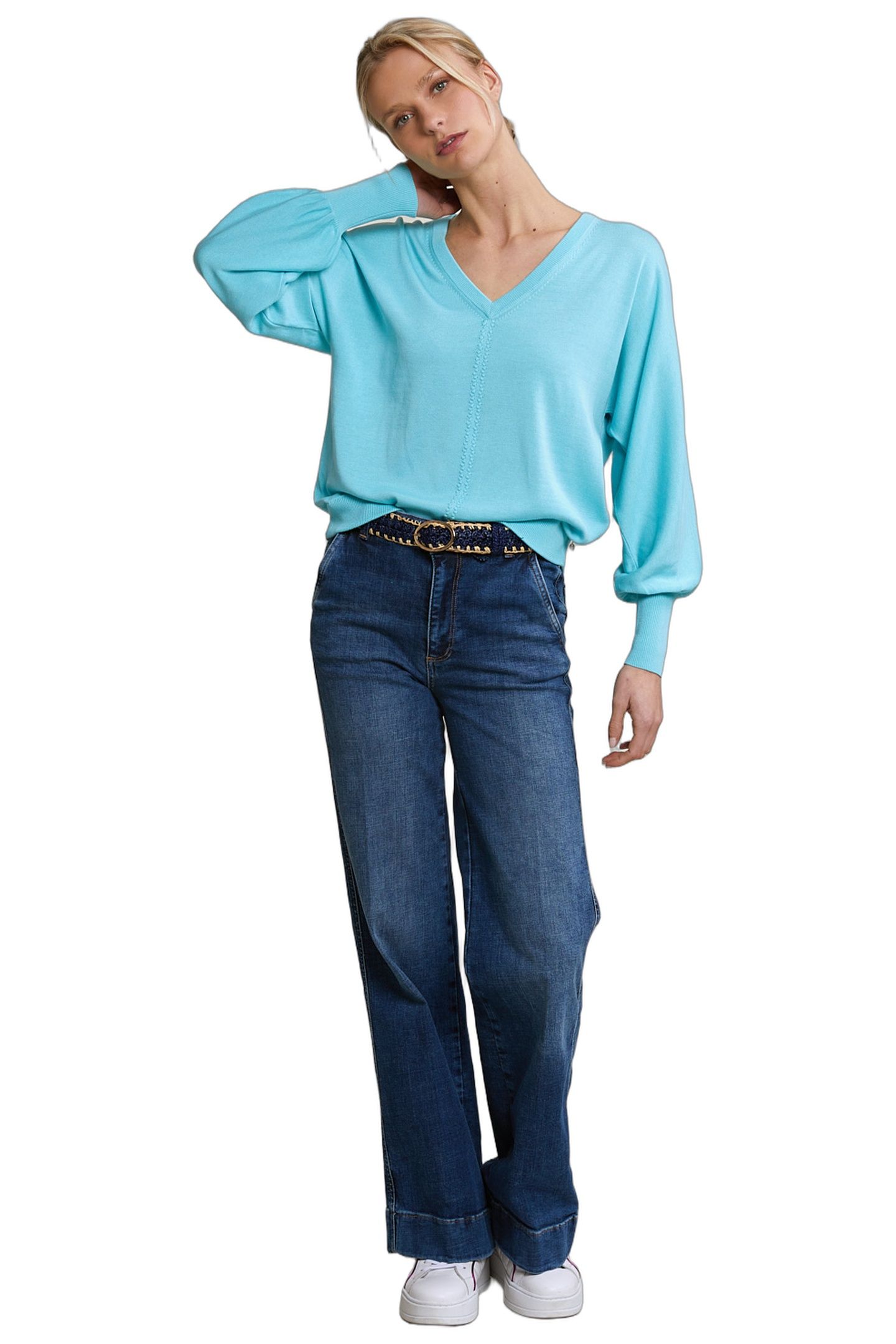 TURQUOISE V-NECK SWEATER LONG SLEEVES 2