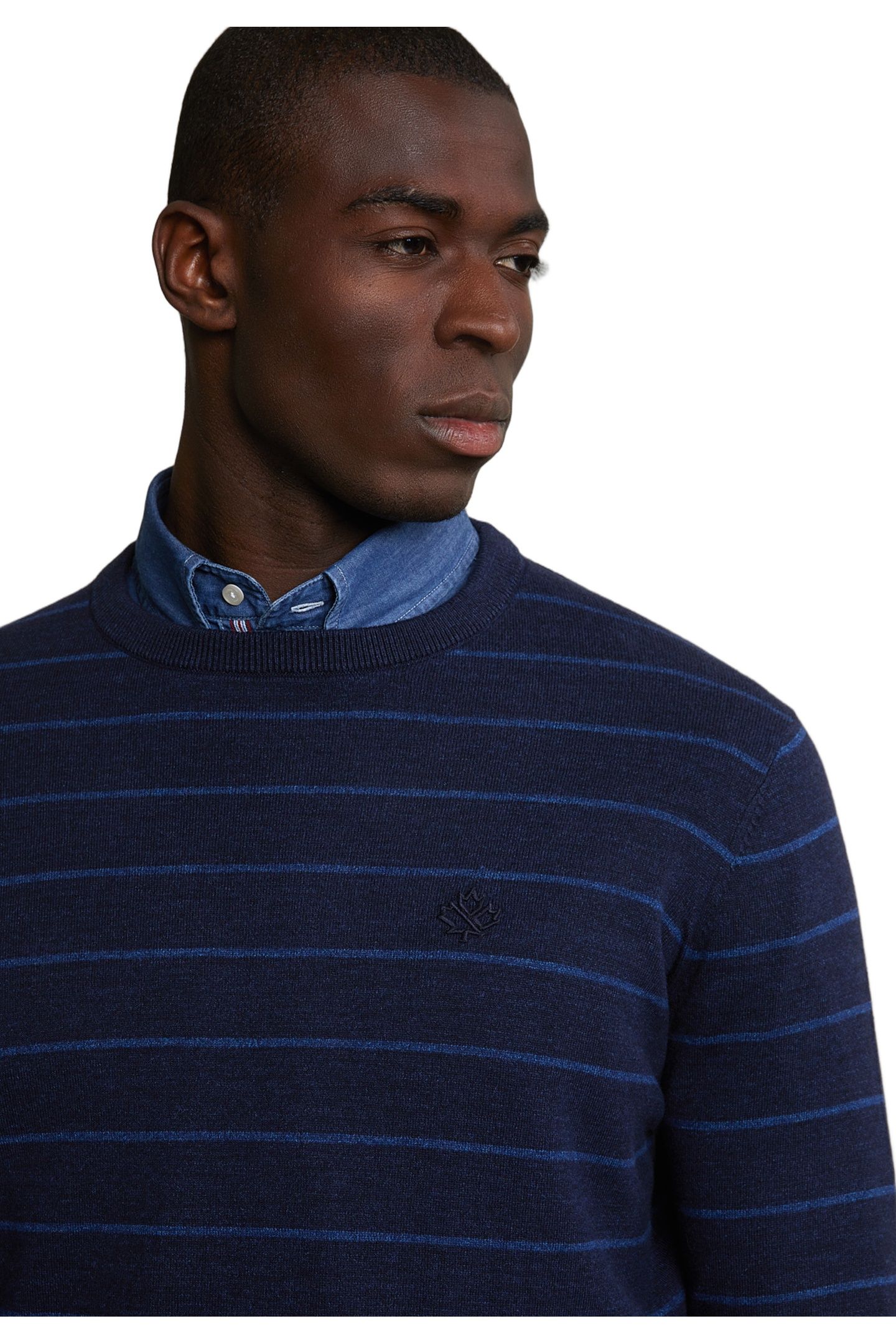 CUSTOM FIT STRIPED COTTON CREW NECK SWEATER NAVY MIX 4