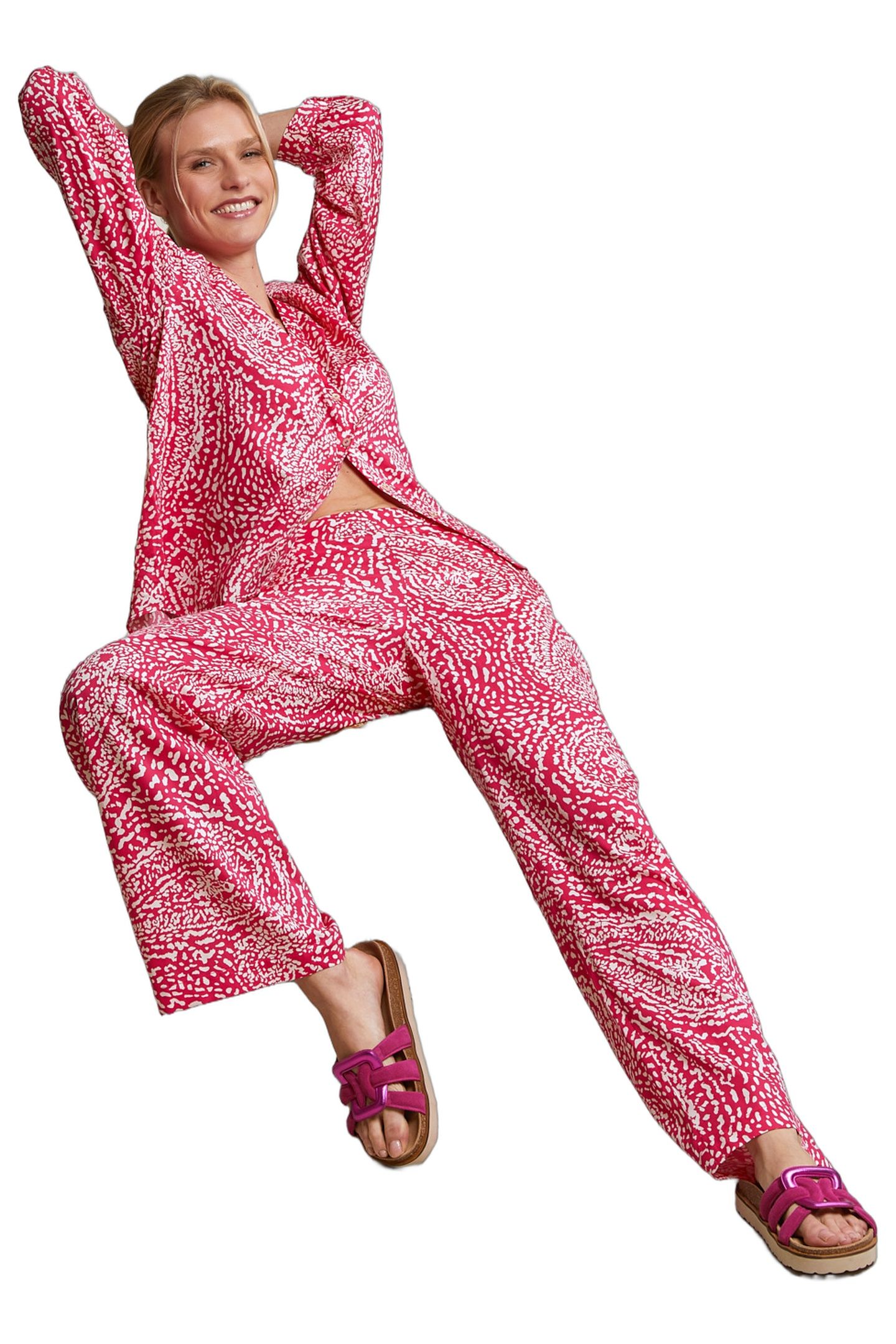 FUCHSIA/WHITE BUTTONED FANTASY V-NECK BLOUSE 4