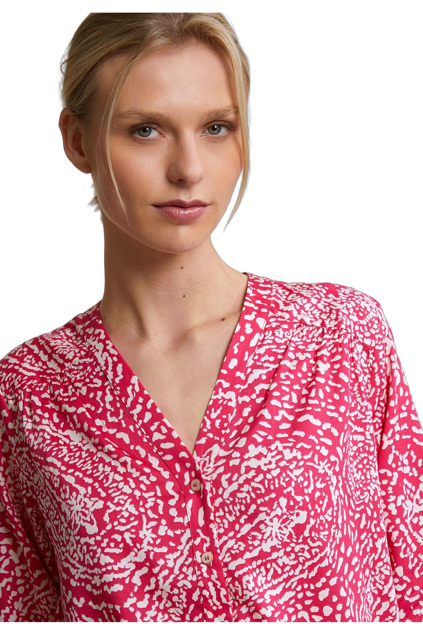 FUCHSIA/WHITE BUTTONED FANTASY V-NECK BLOUSE 2
