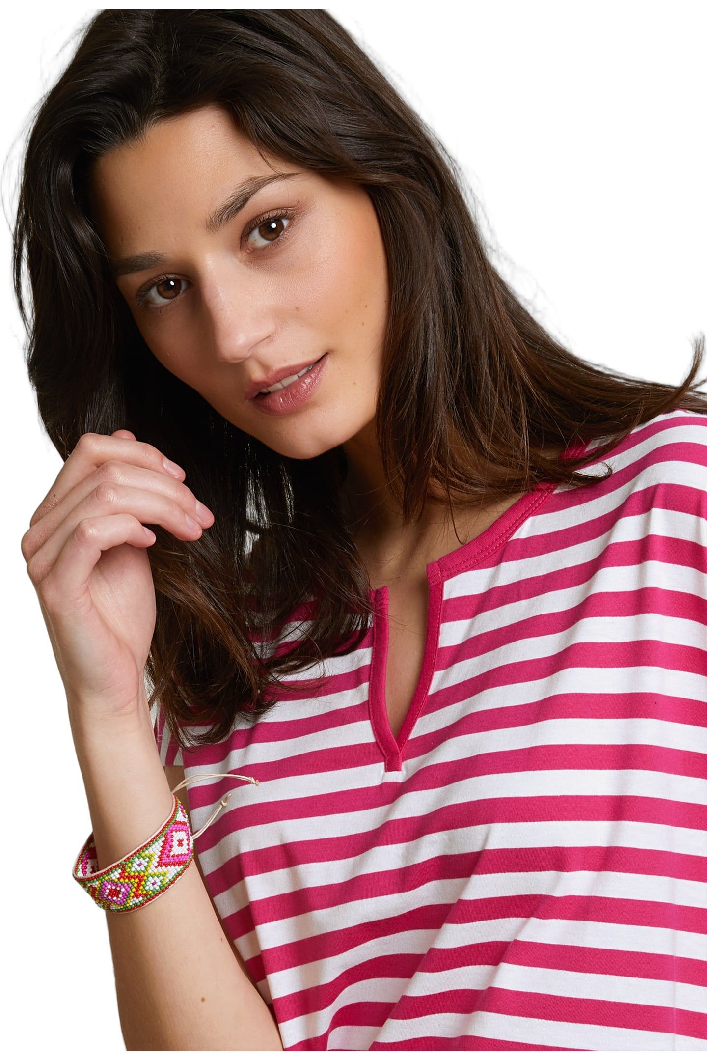 FUCHSIA/WHITE STRIPED V-NECK T-SHIRT 4