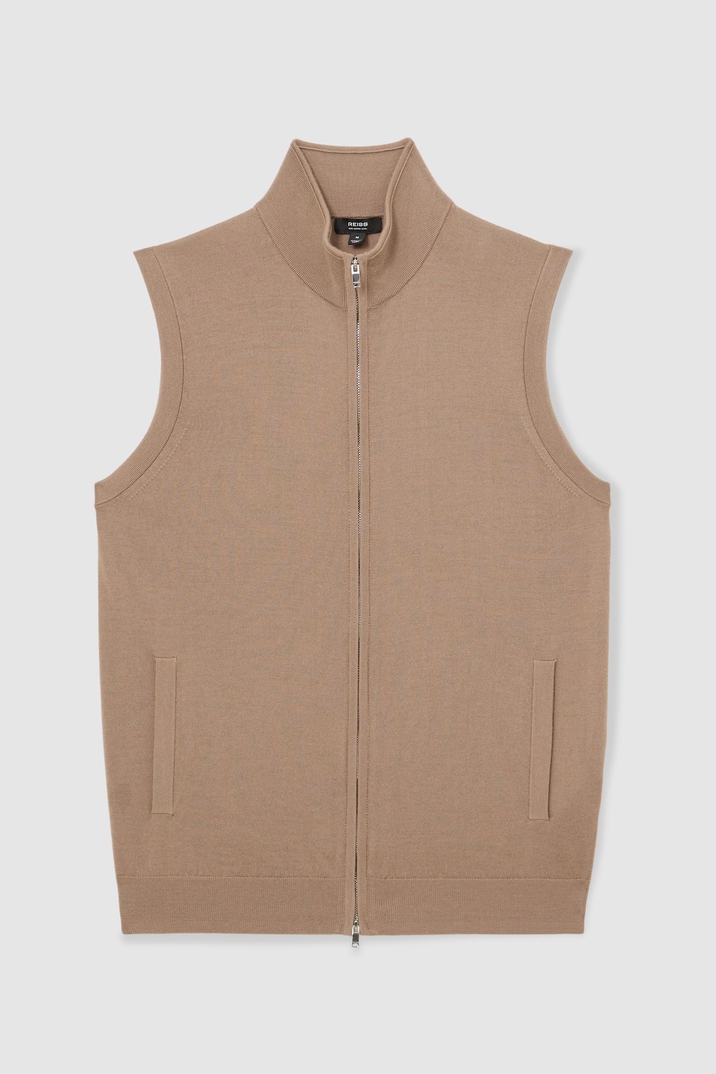 SLEEVELESS ZIP THROUGH FUNNEL NECK MERINO GILET CAMEL BROWN 4