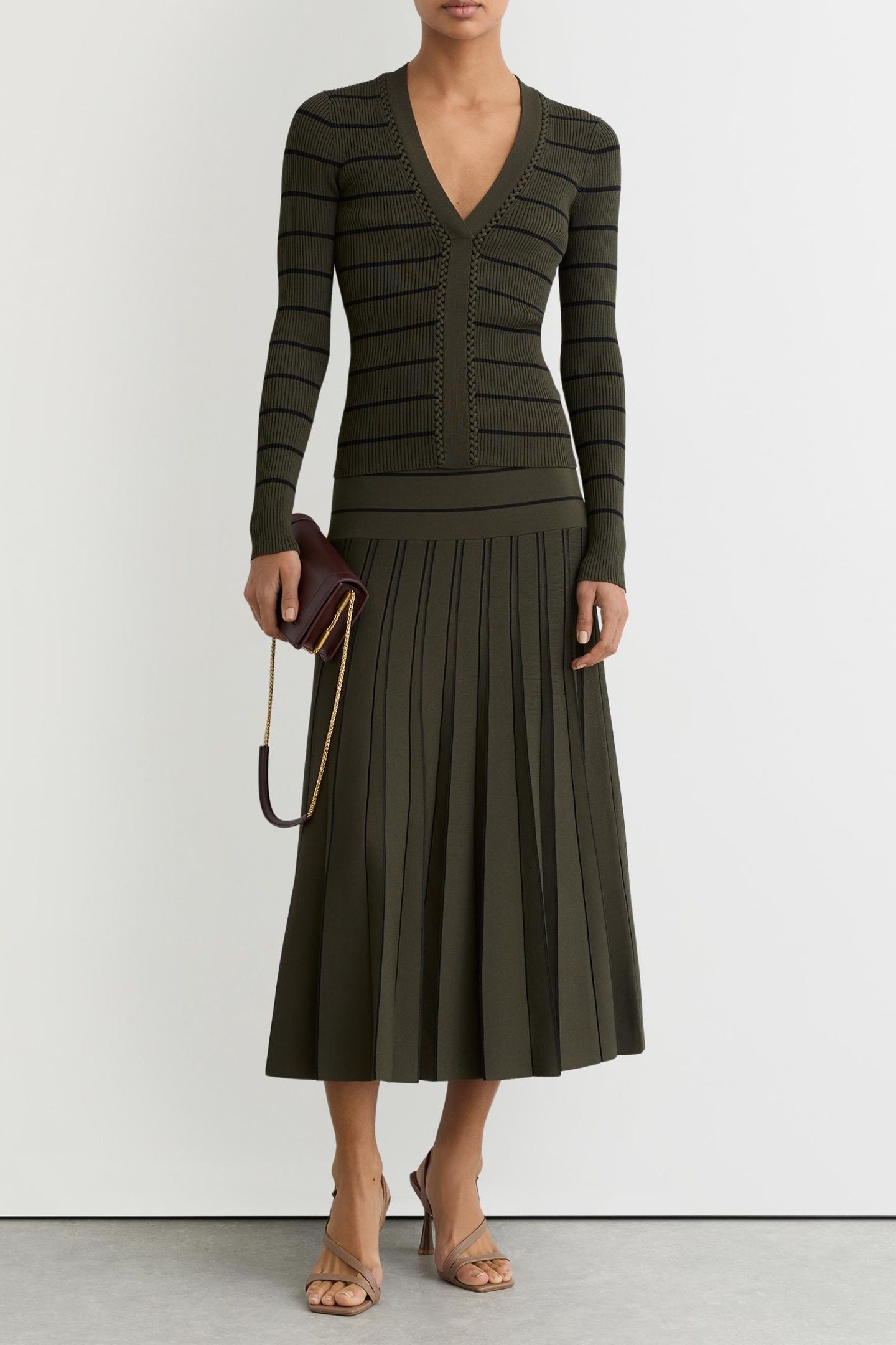 STRIPED CRAFT STITCH TOP KHAKI GREEN/BLACK 2
