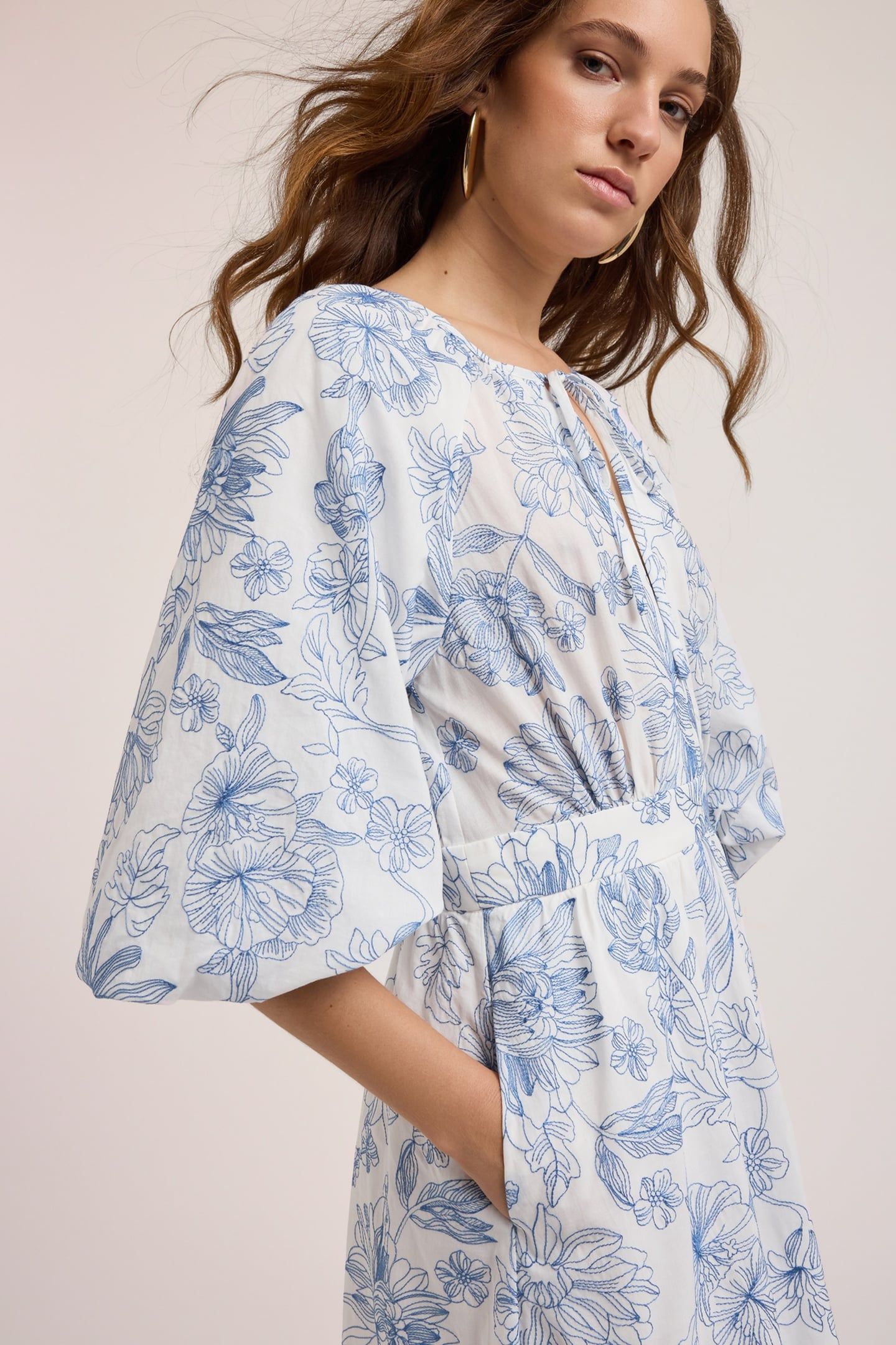 LONG COTTON DRESS WITH FLORAL EMBROIDERY LIGHT BLUE 3