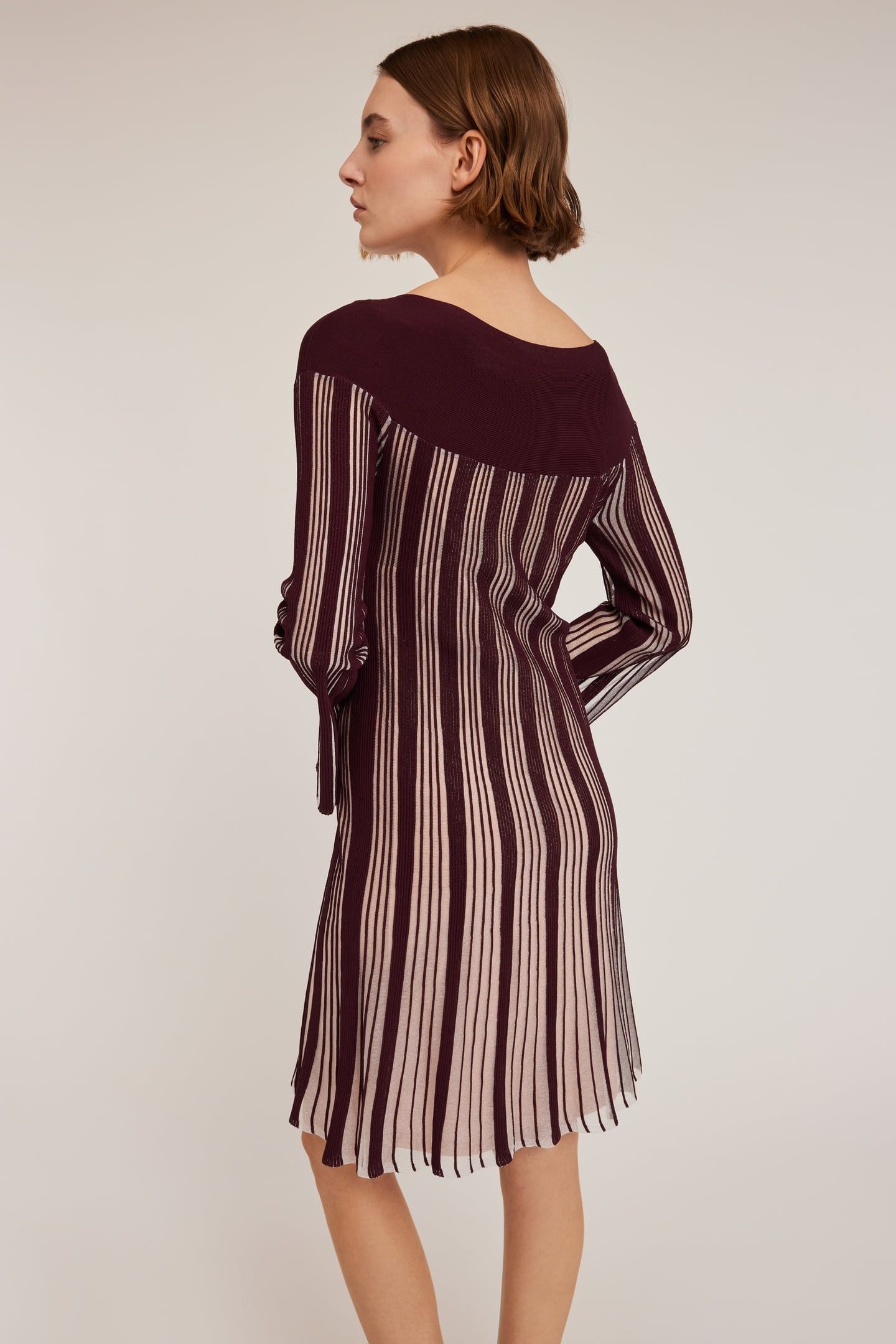 PLEATED EFFECT LUREX KNIT STRIPED DRESS BURGUNDY 2