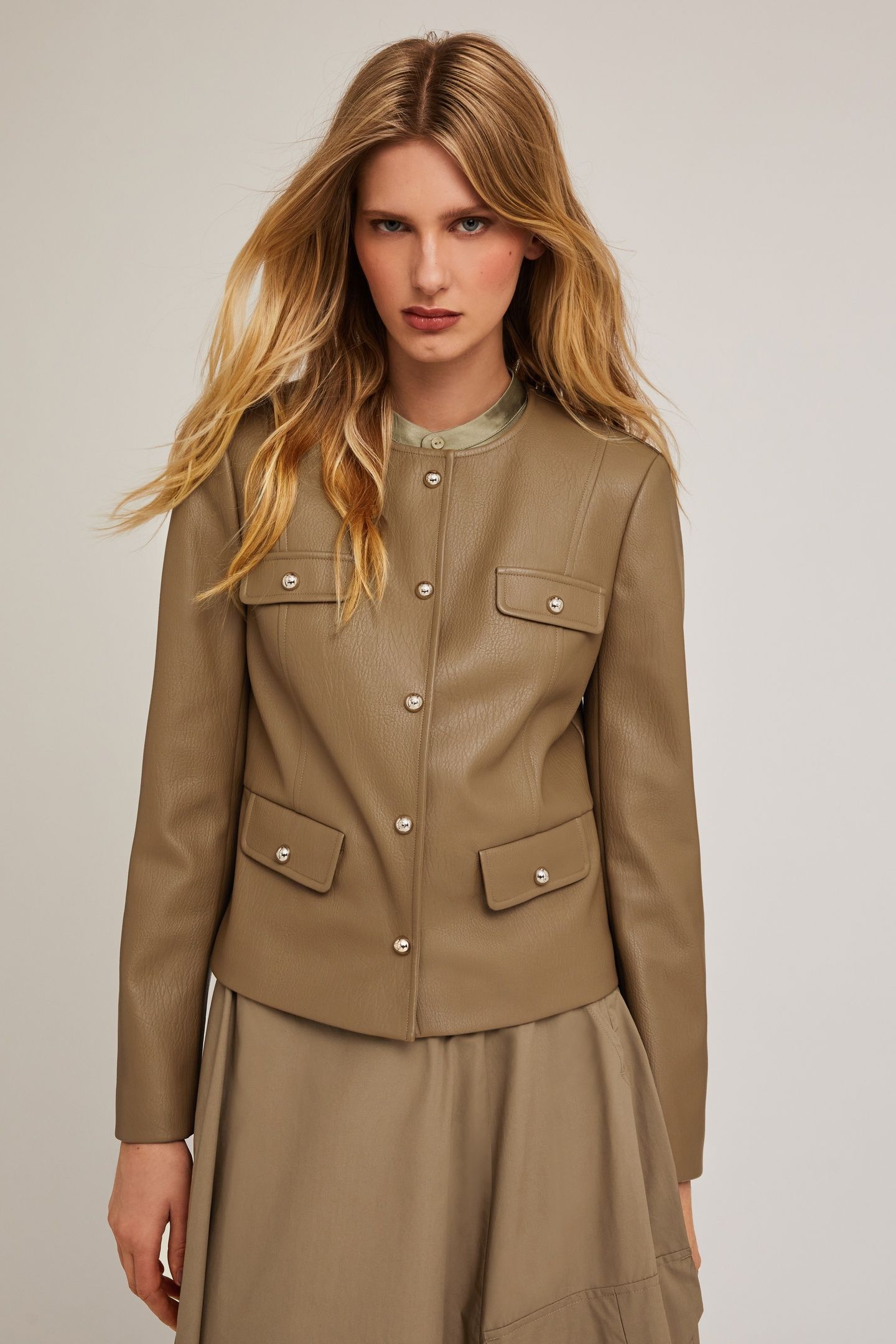 COLLAR-LESS JACKET IN COATED FABRIC BEIGE 1