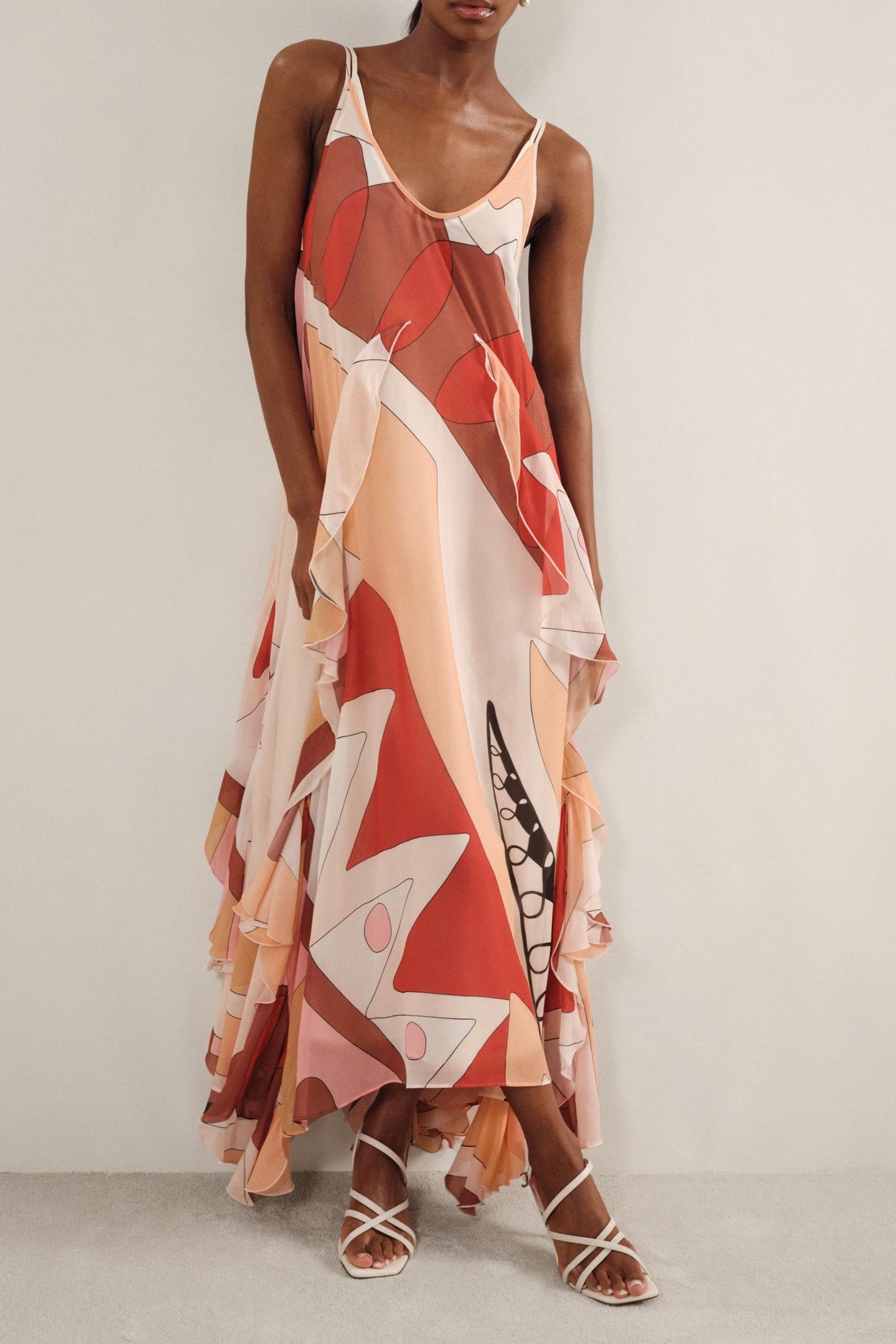 PRINTED RUFFLE OCCASION DRESS CREAM/RED 2