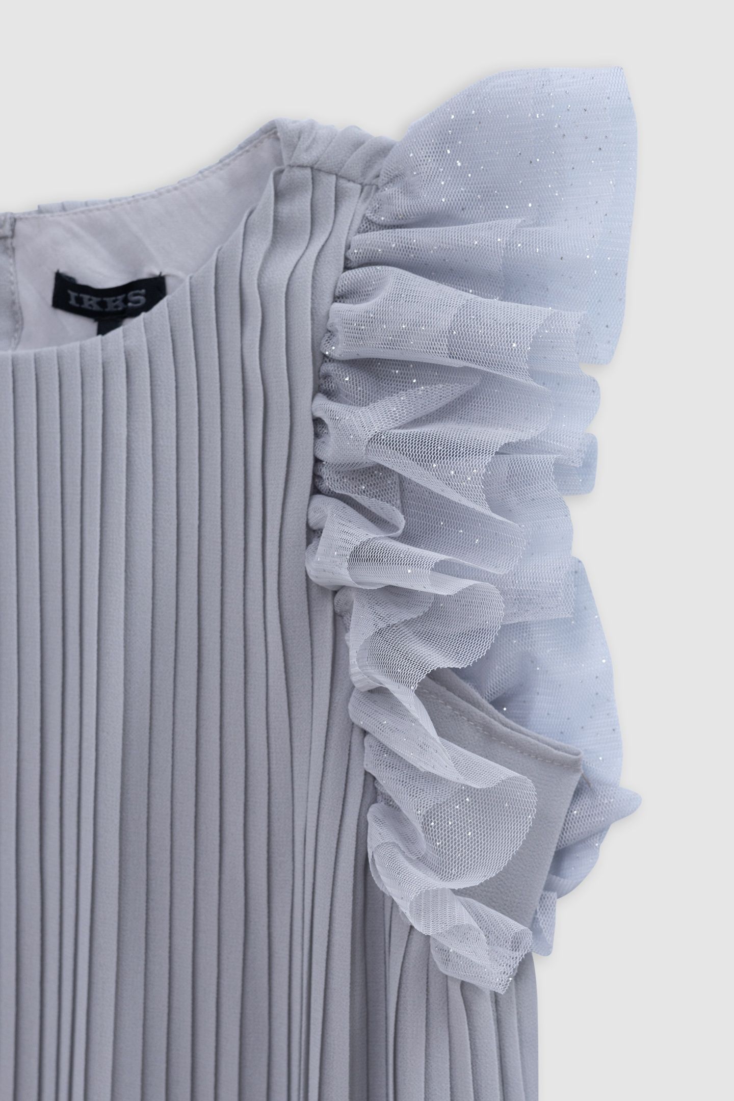 SILVER PLEATED DRESS WITH SWISS TULLE SLEEVES 5