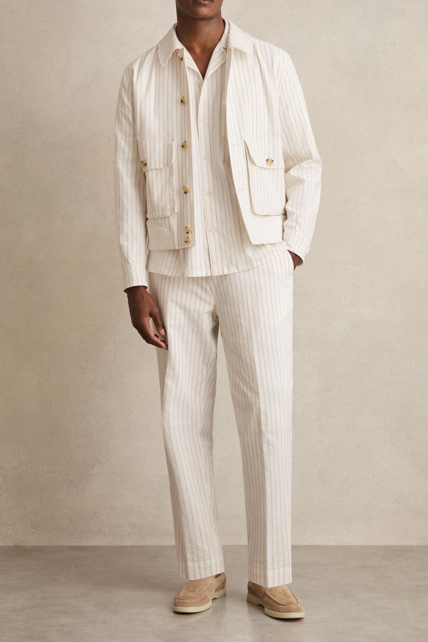 SS SEERSUCKER STRIPE CUBAN SHIRT WHITE TAUPE BROWN 2