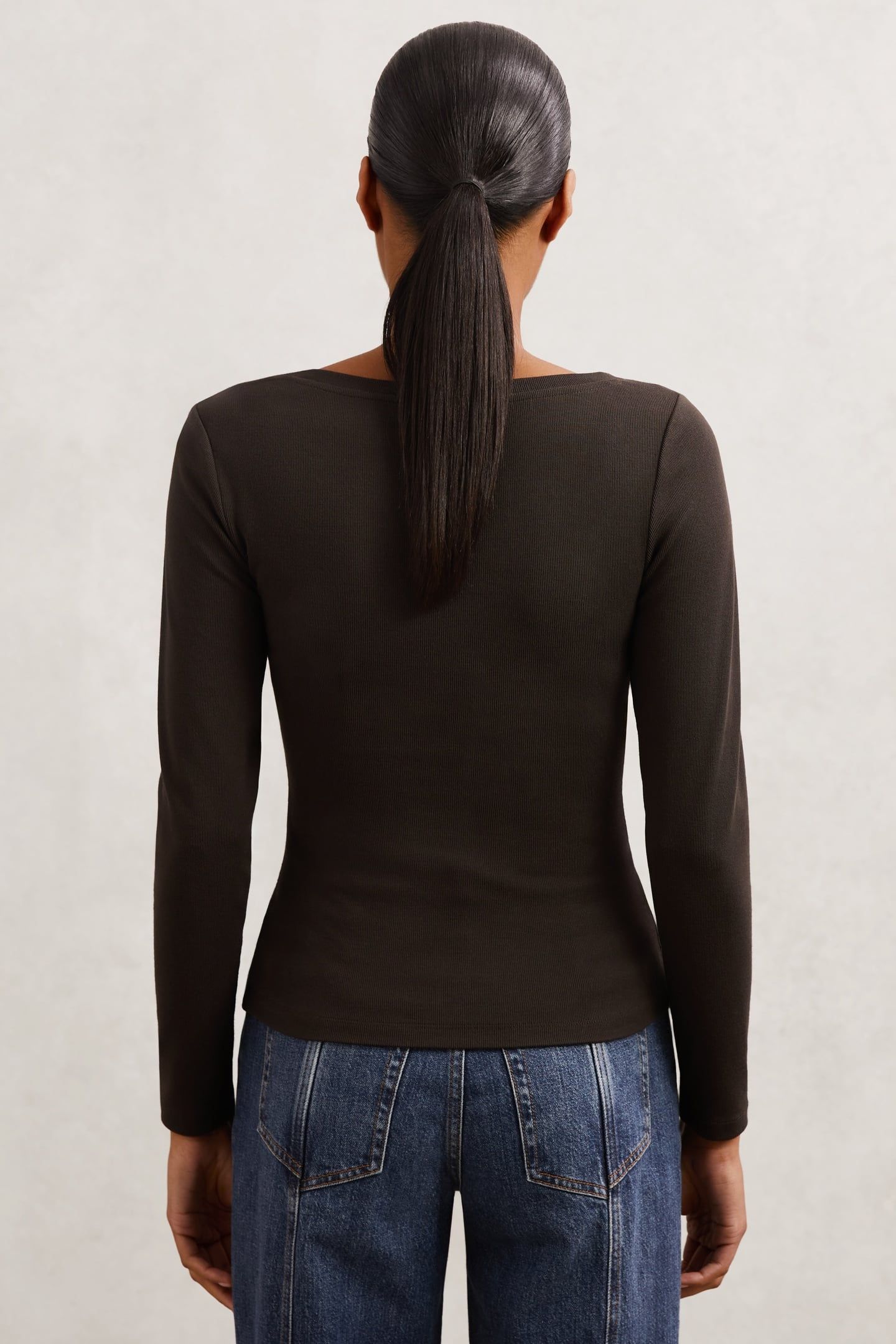 ASYMMETRIC NECK LONG SLEEVE TOP CHOCOLATE BROWN 3