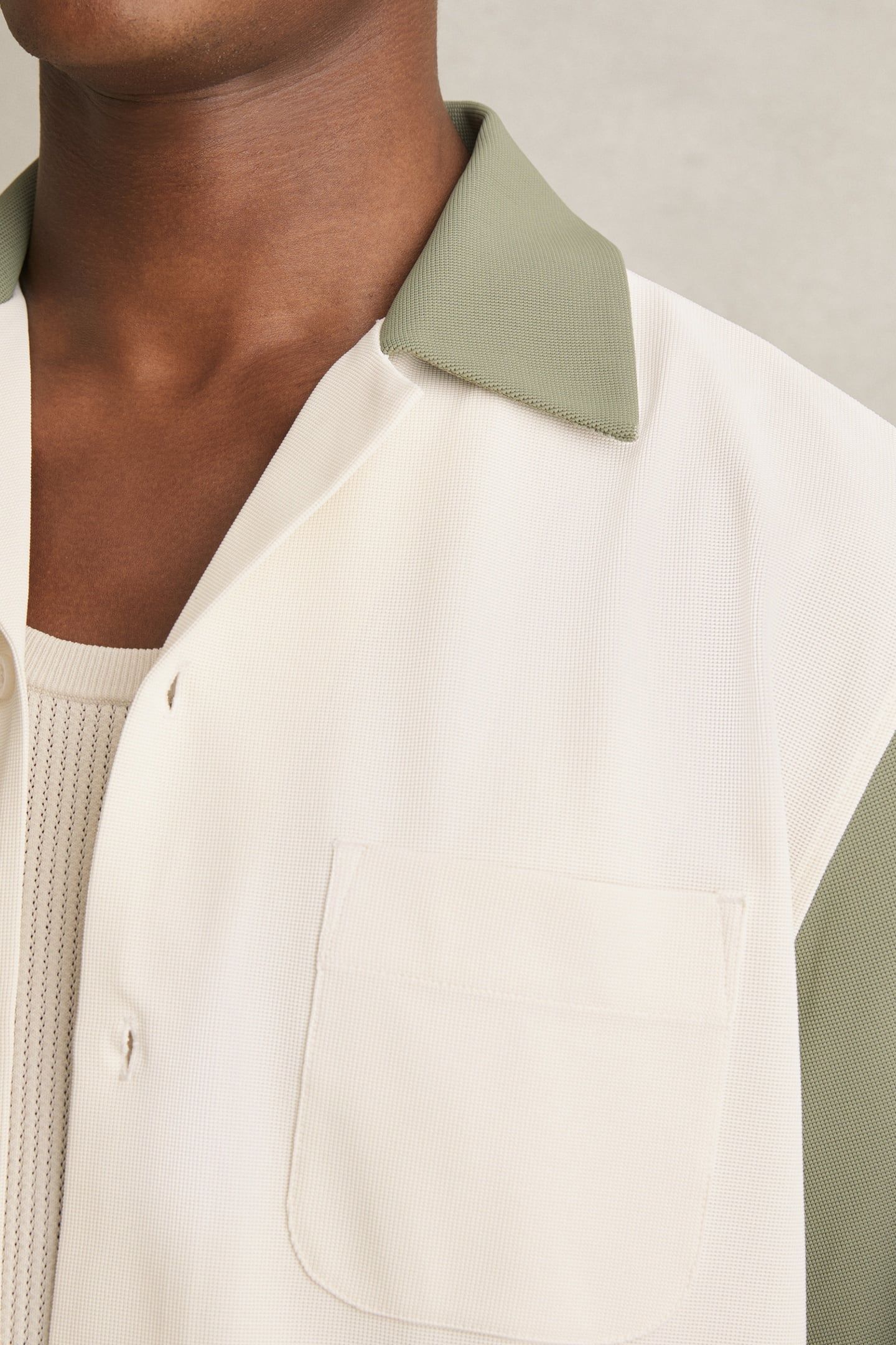 SS TEXTURED COLOUR BLOCK CUBAN SHIRT OFF WHITE/SAGE 5