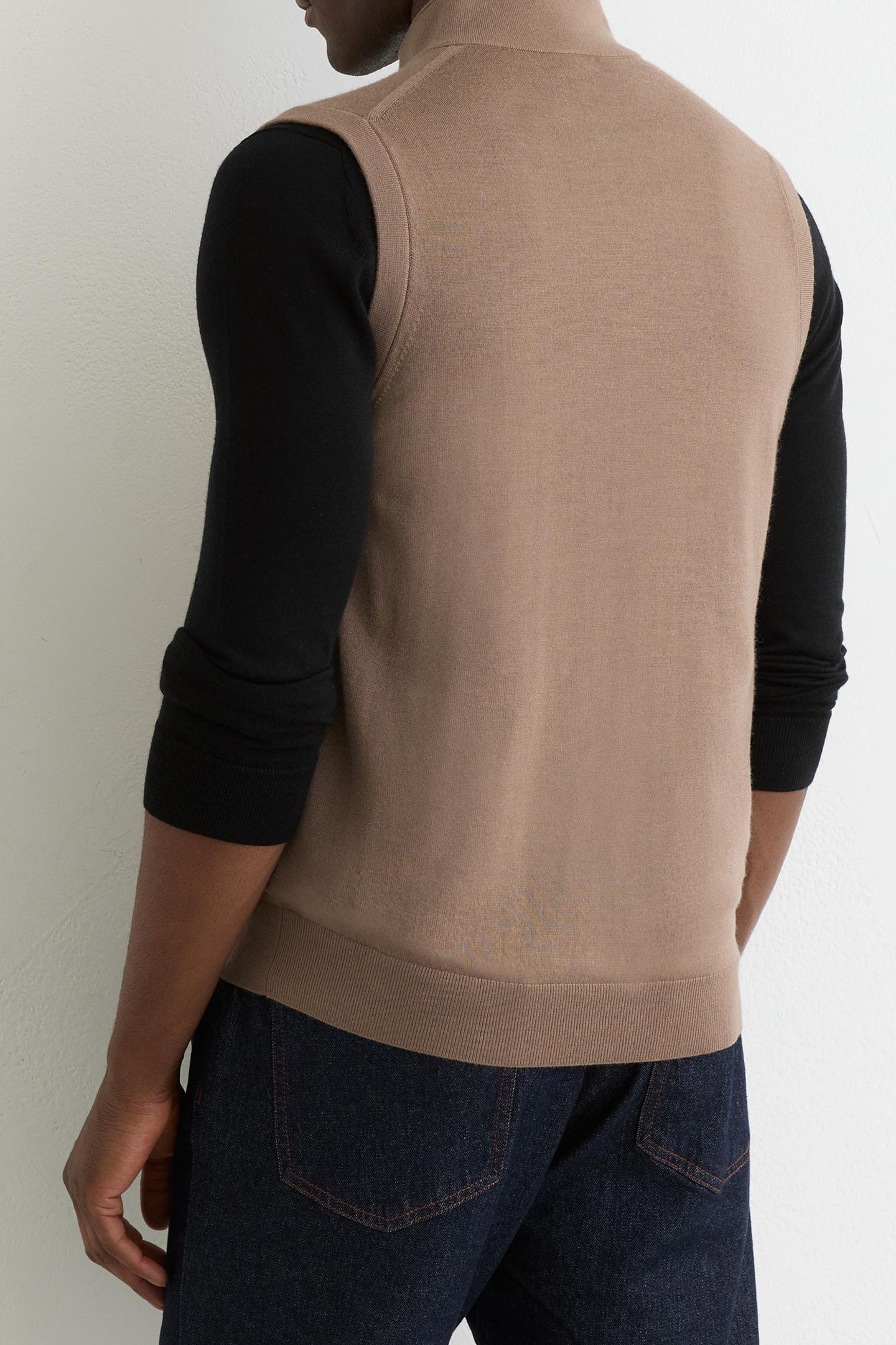 SLEEVELESS ZIP THROUGH FUNNEL NECK MERINO GILET CAMEL BROWN 3
