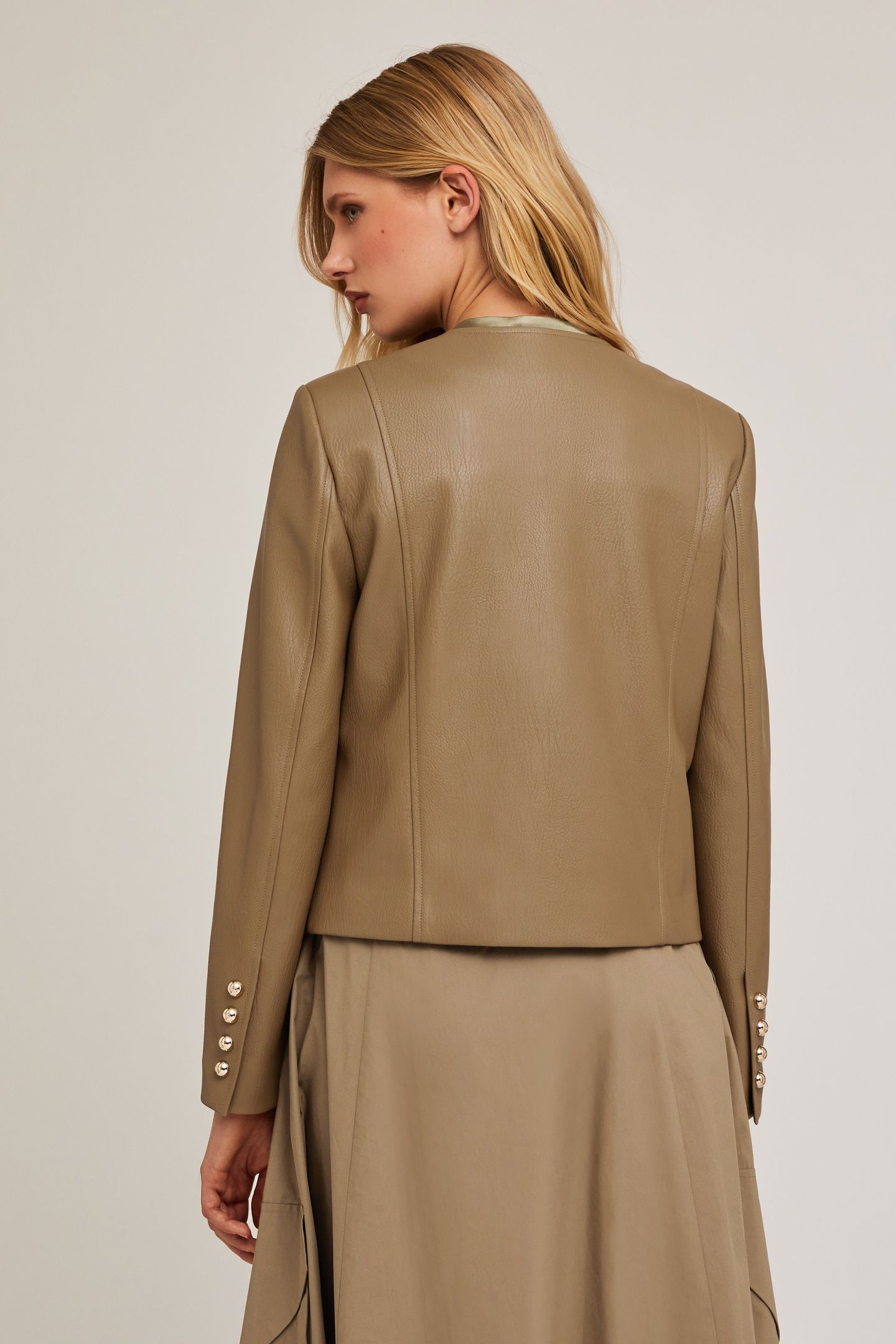 COLLAR-LESS JACKET IN COATED FABRIC BEIGE 2