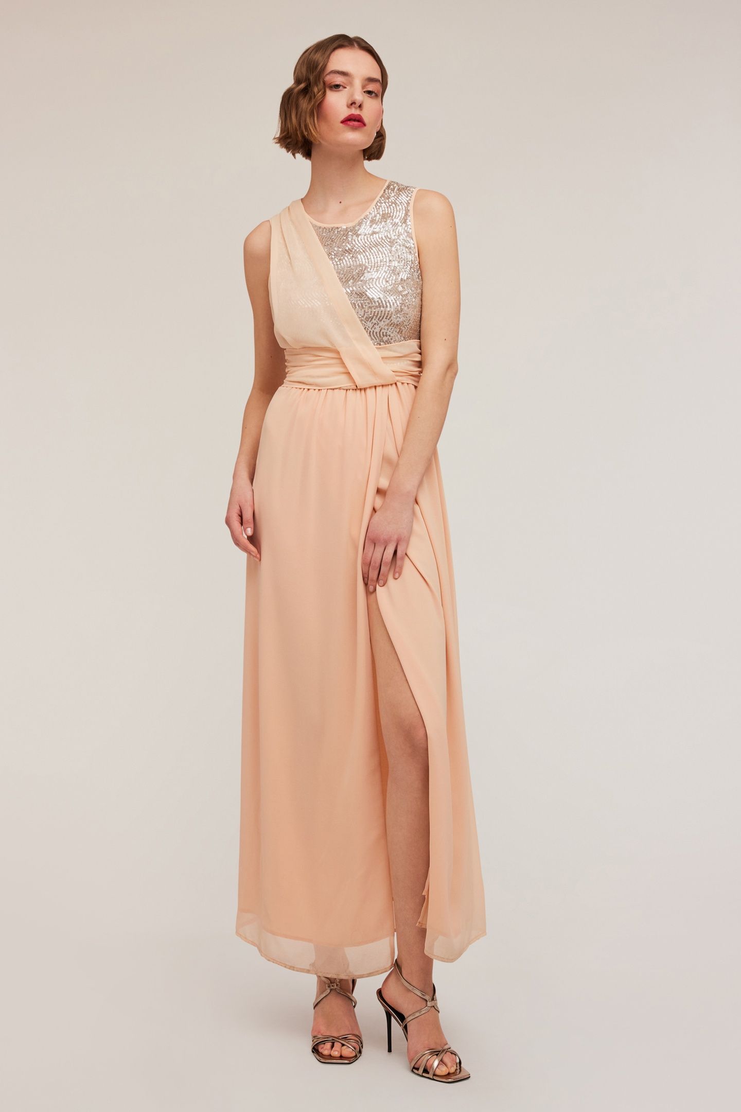LONG PEPLUM DRESS WITH FULL SEQUIN BODICE PINK 1