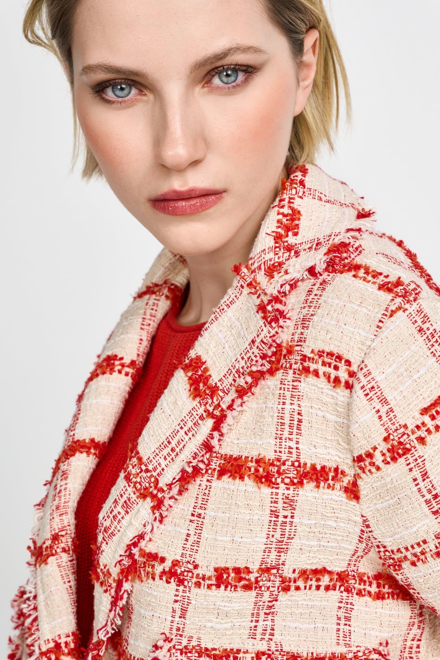 SHORT CHECKED BOUCLE JACKET SUNSET RED 5