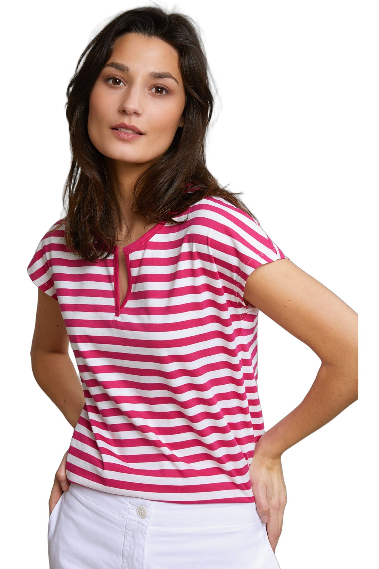 FUCHSIA/WHITE STRIPED V-NECK T-SHIRT 2