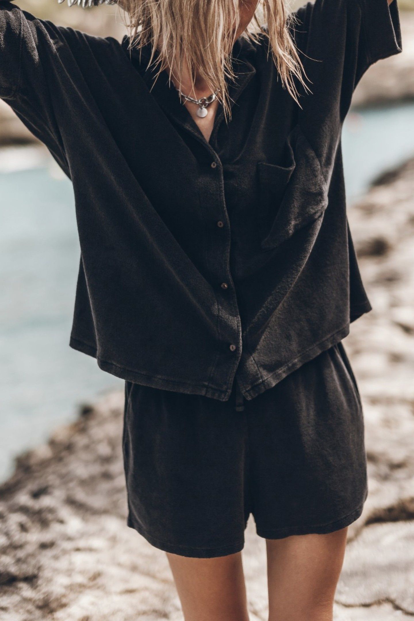 THE DARK TOWELLING CO-ORD SHIRT BLACK 1