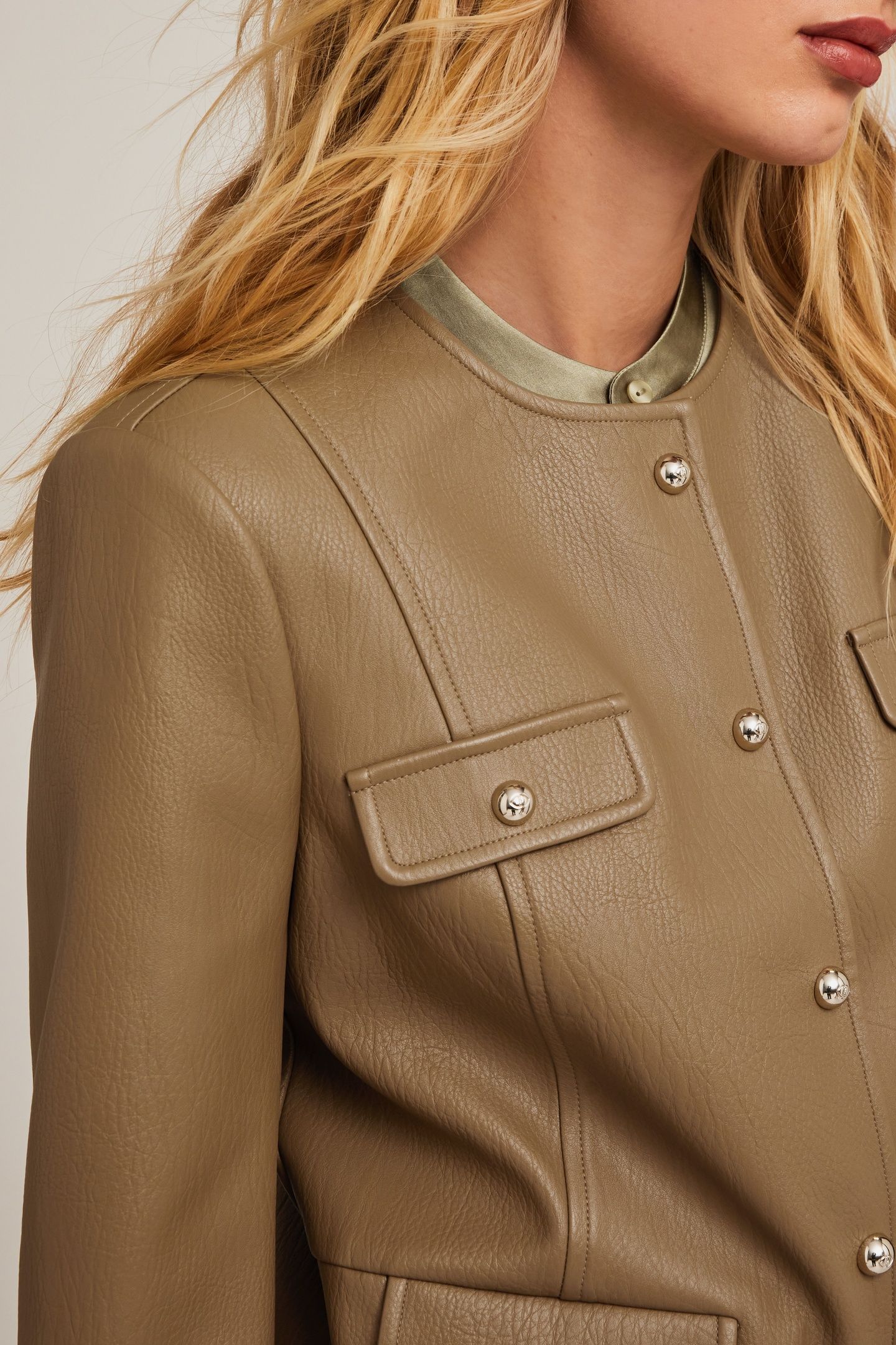 COLLAR-LESS JACKET IN COATED FABRIC BEIGE 4
