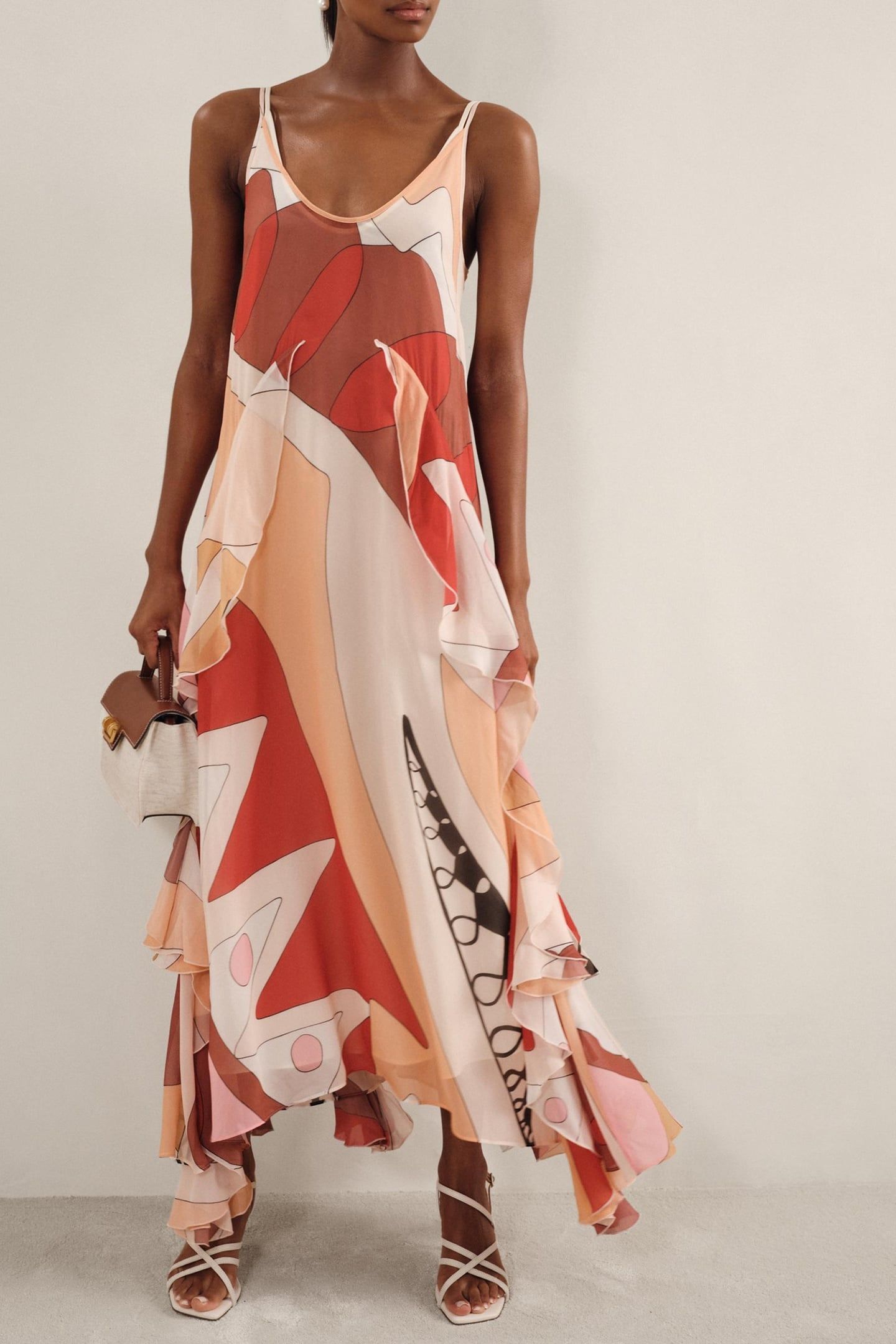 PRINTED RUFFLE OCCASION DRESS CREAM/RED 1