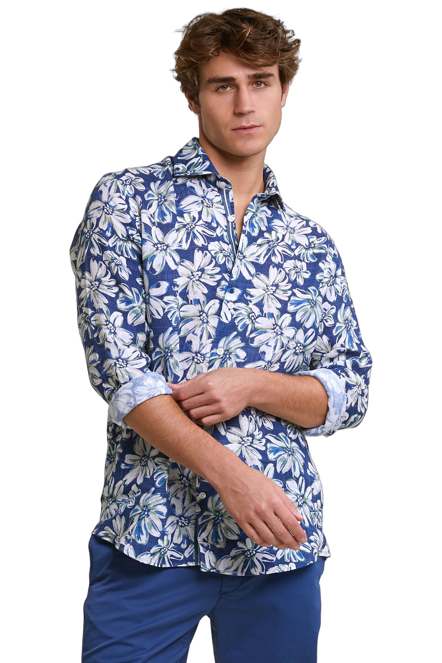 CUSTOM FIT LINEN FLORAL SHIRT BLUE/GREEN 1
