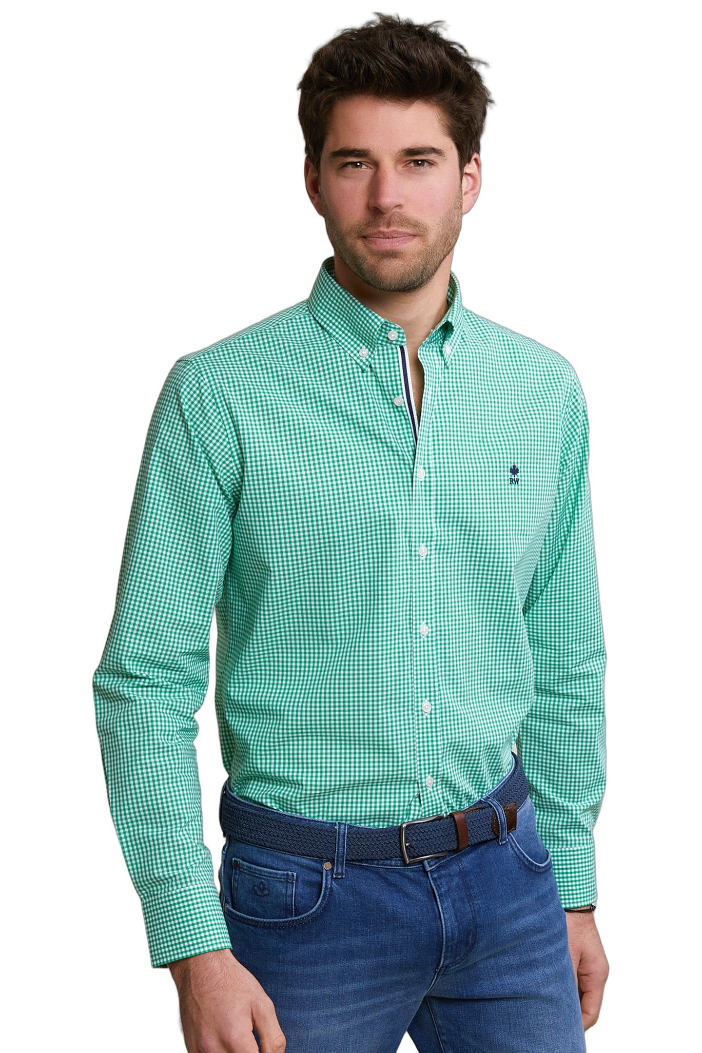 CUSTOM FIT CHECKED COTTON SHIRT GREEN/WHITE 1