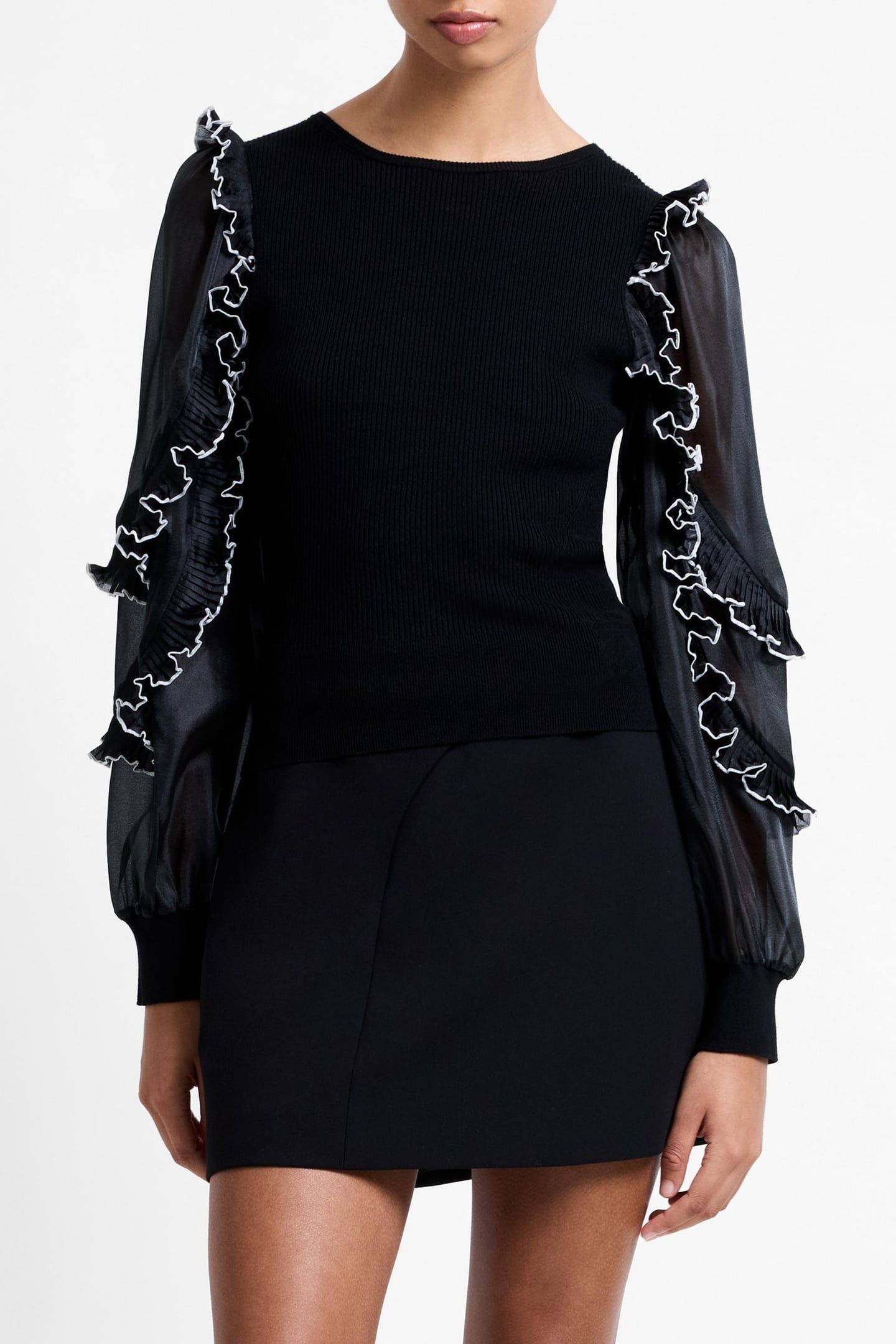 KRISTA MIX RUFFLE TRIM SLV TOP BLACKOUT 1