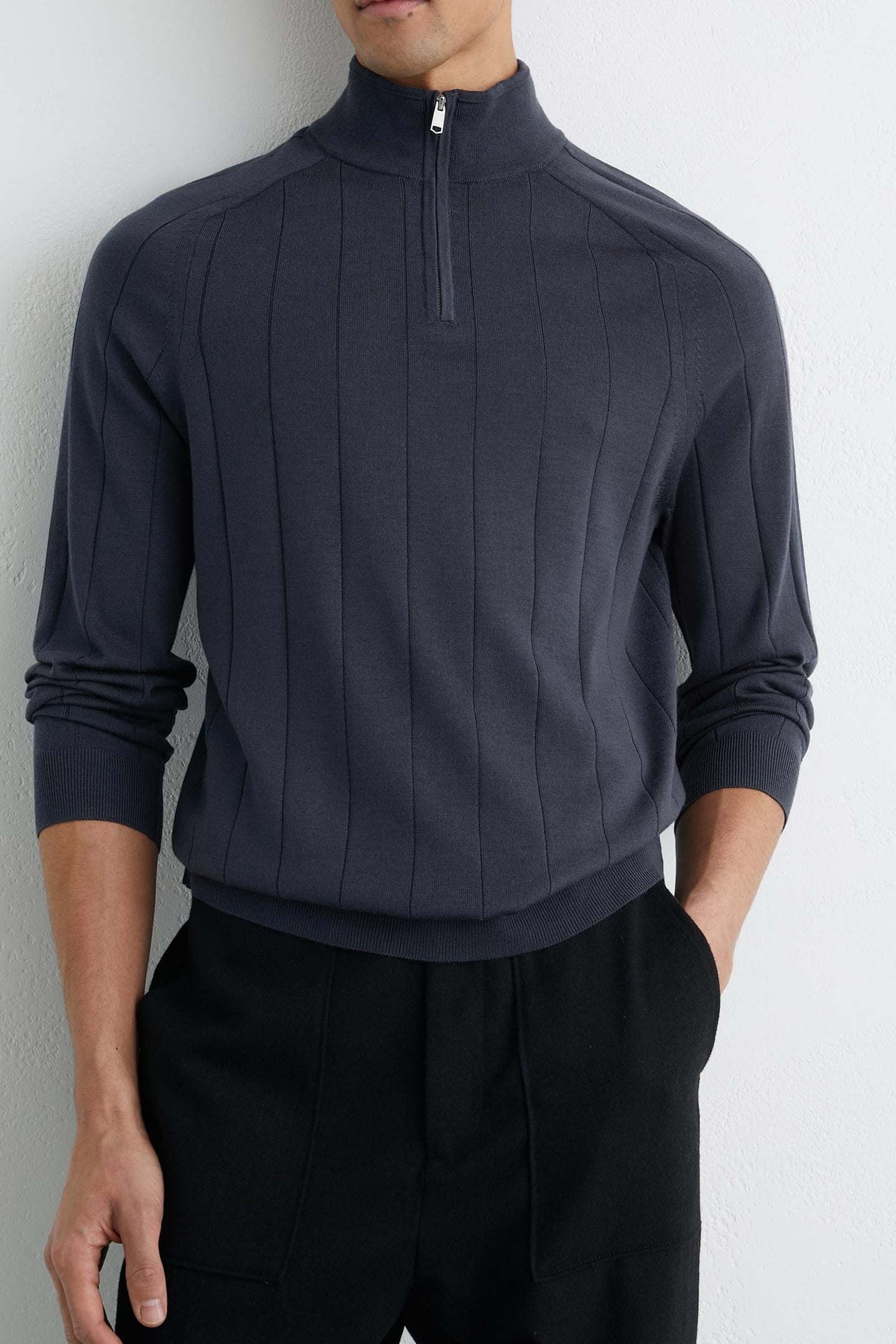 LS HALF ZIP FUNNEL WIDE RIB MERINO WOOL JUMPER AIRFORCE BLUE 1